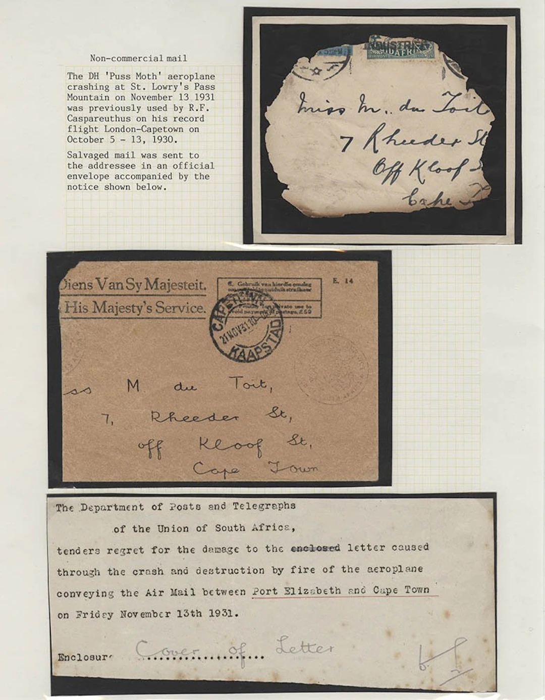 SOUTHERN AFRICA 1931 air crash at Sir Lowrys Pass