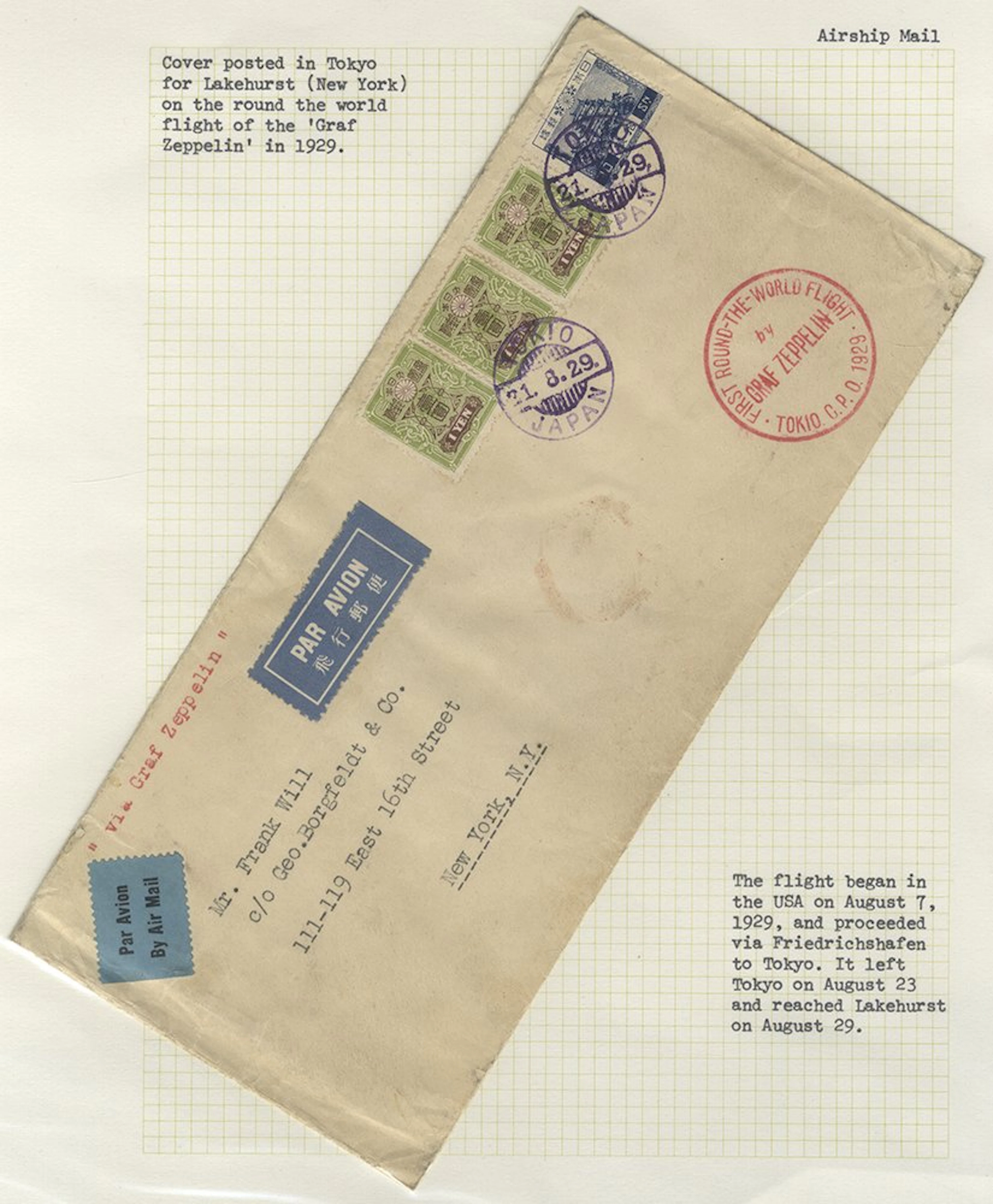 JAPAN 1929 1y (3) and 10s on flown cover tied 'Tokyo 21 8 29' to New York