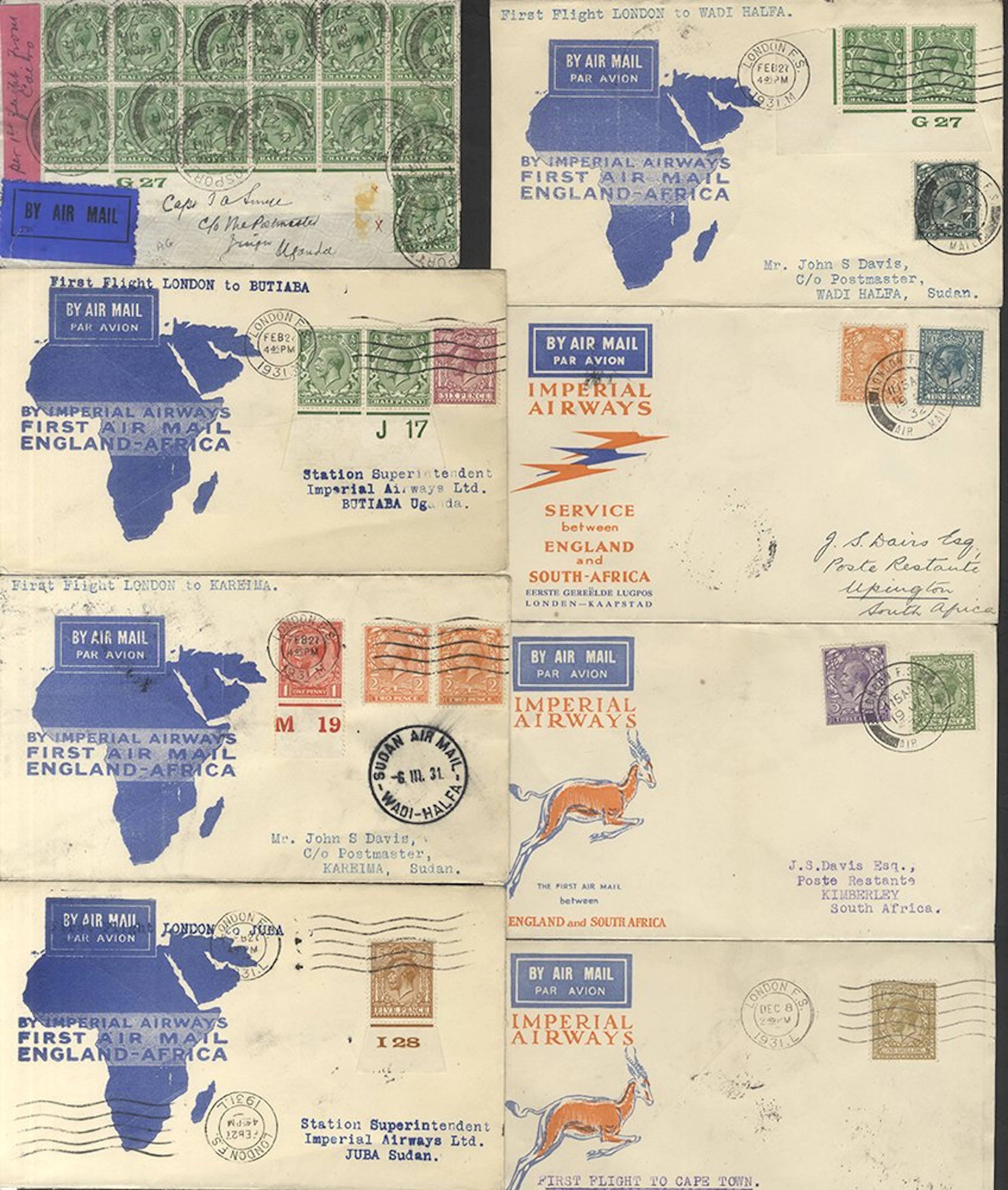 AFRICAN AIRMAILS 1927-32 flight covers from England to Africa incl