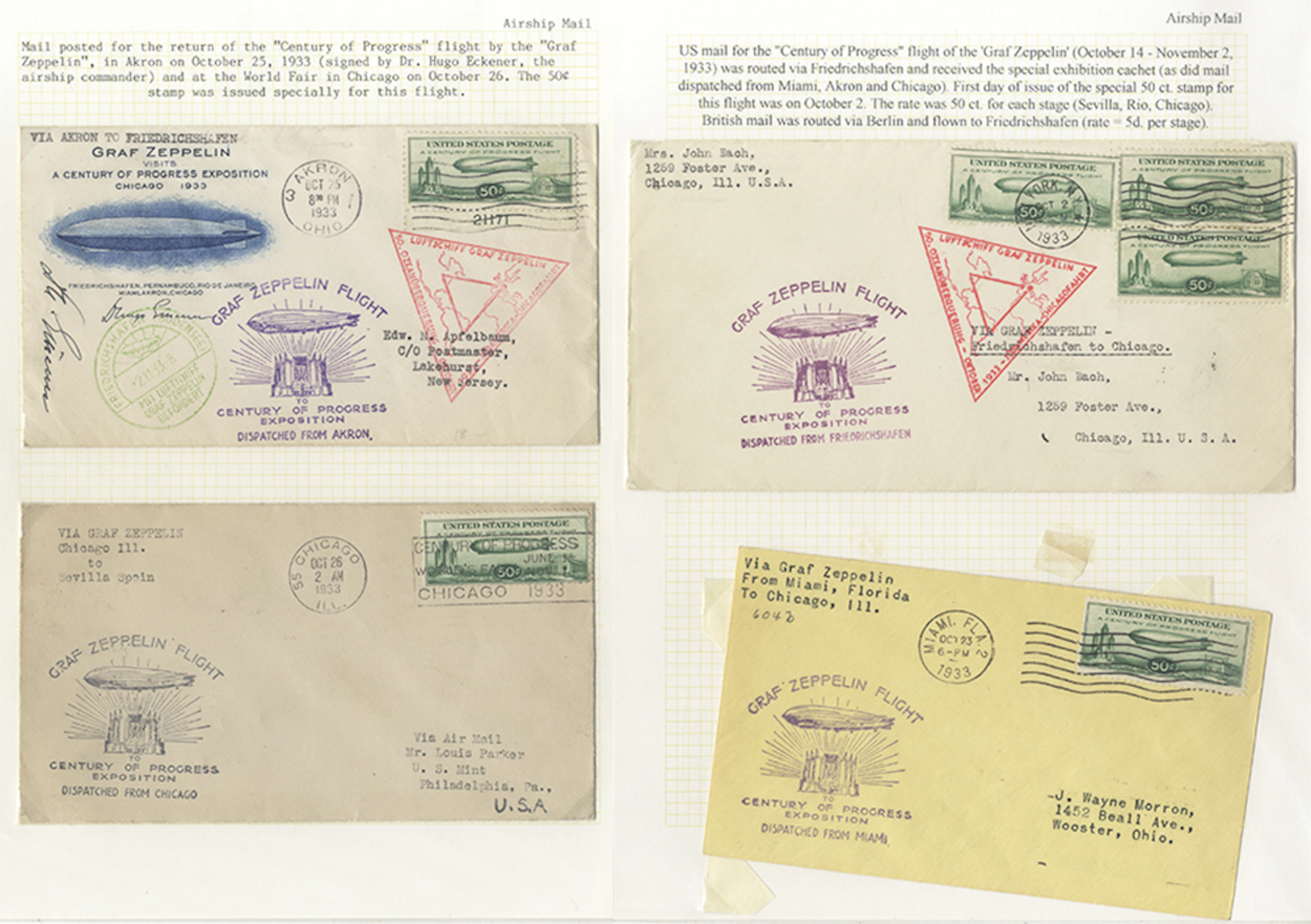 USA 1933 group of Zeppelin flown covers (4) each bearing...