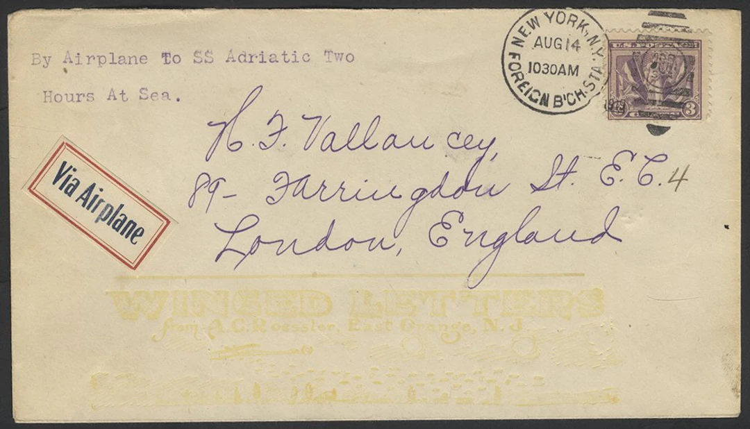 USA 1929 (Aug 14) first mail delivery from shore to ship...