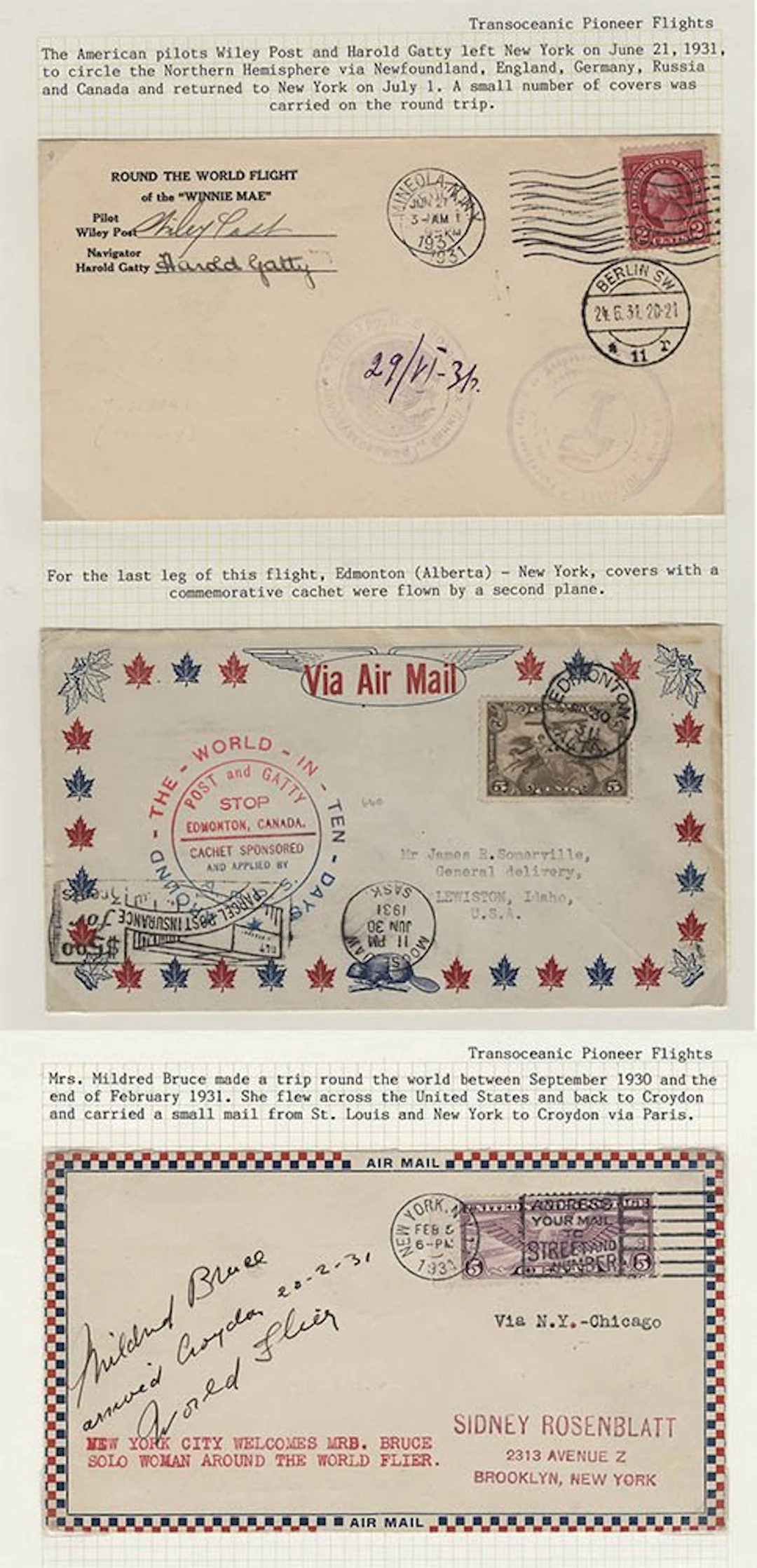 USA 1931 (Jan 1) Post and Gatty round the world pair of commem flight covers