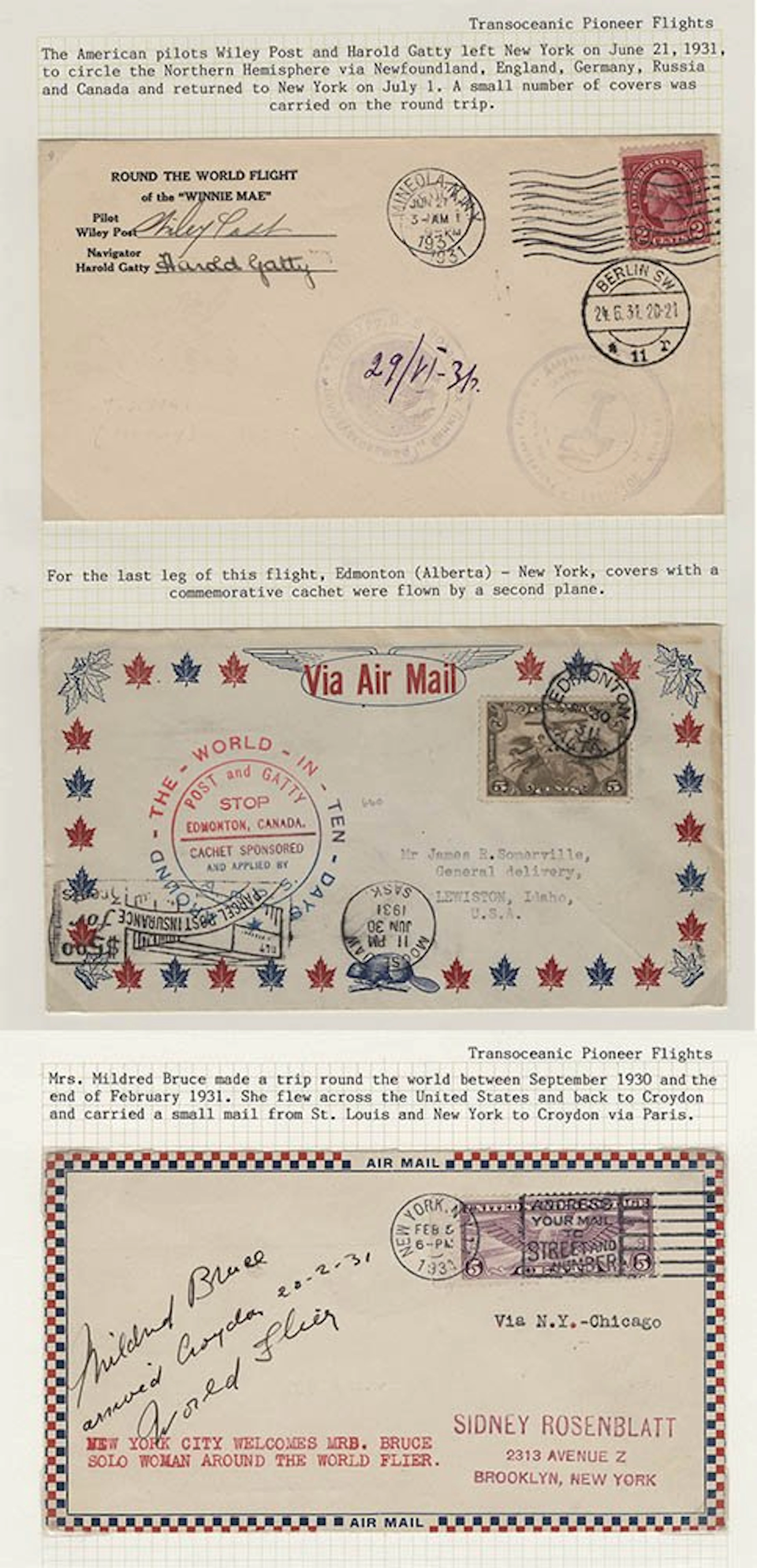 USA 1931 (Jan 1) Post and Gatty round the world pair of commem flight covers