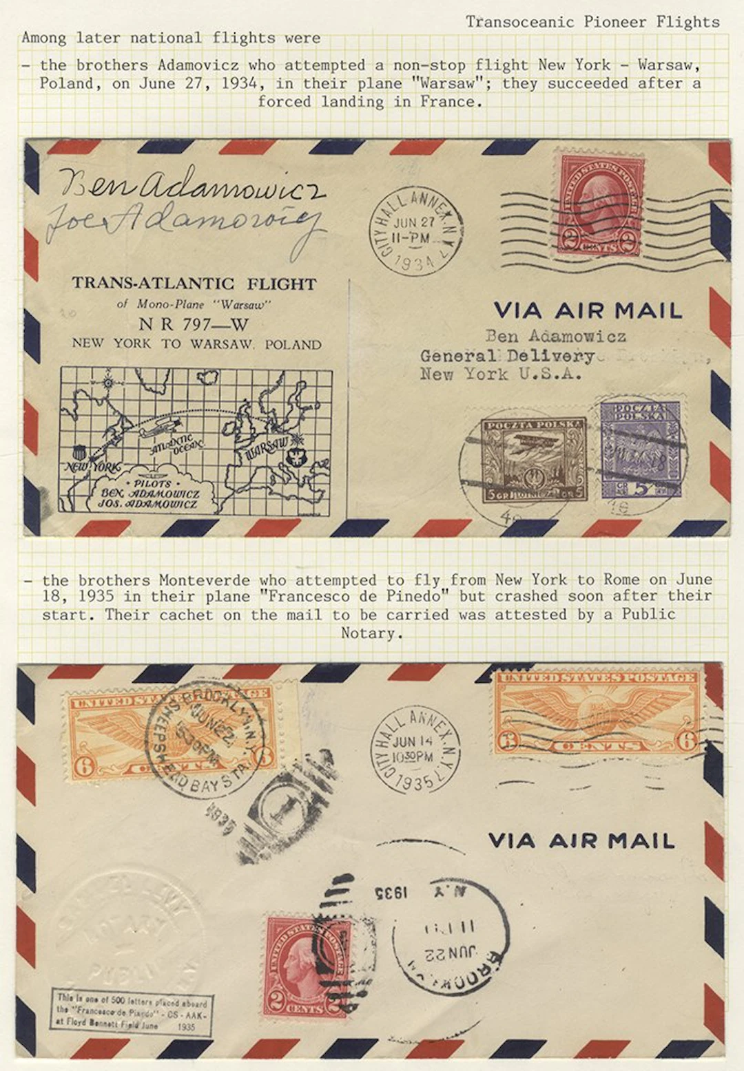 USA 1934 (Jun 27) New York to Warsaw commem cover with...