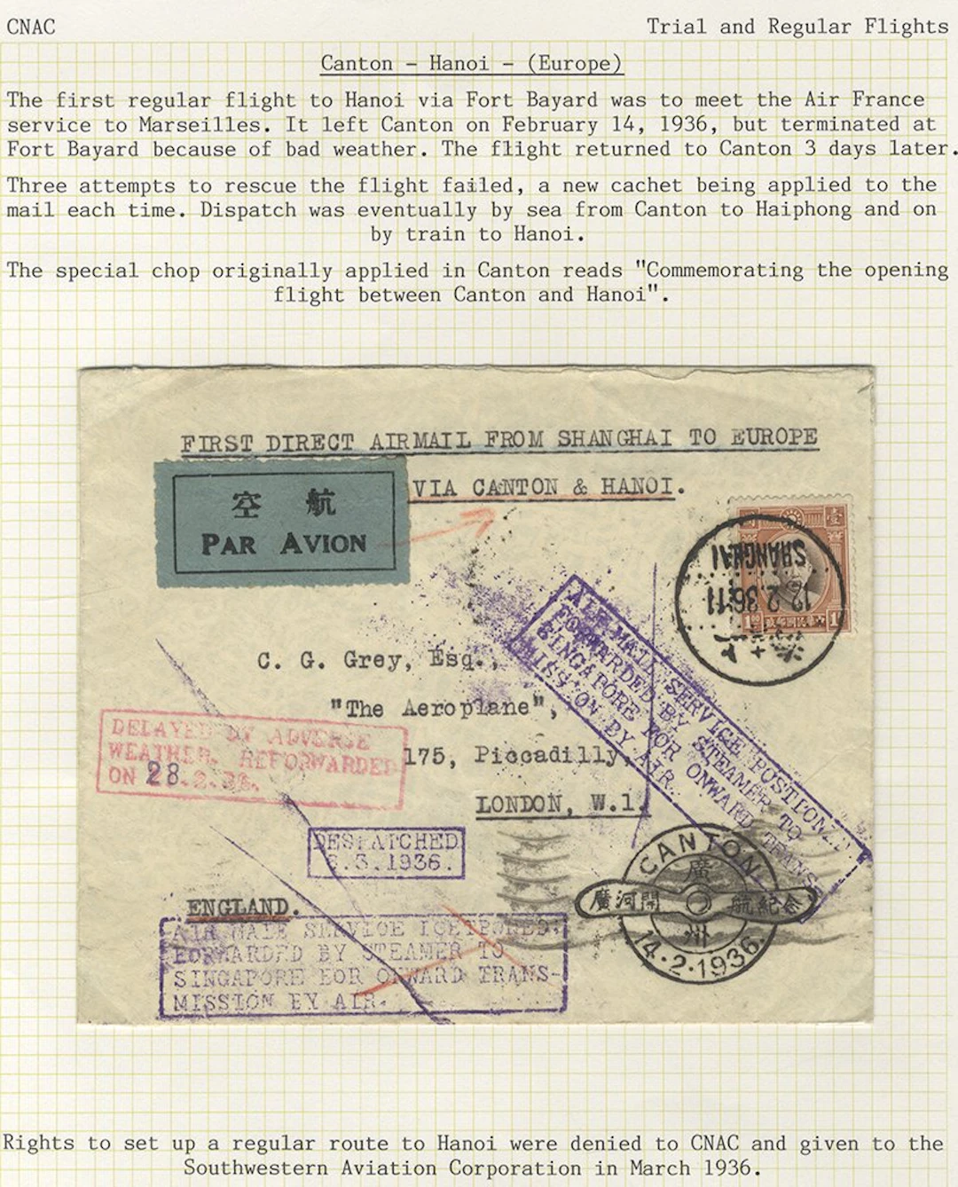 CHINA 1936 (Feb 12) Shanghai to UK via Canton and Hanoi...