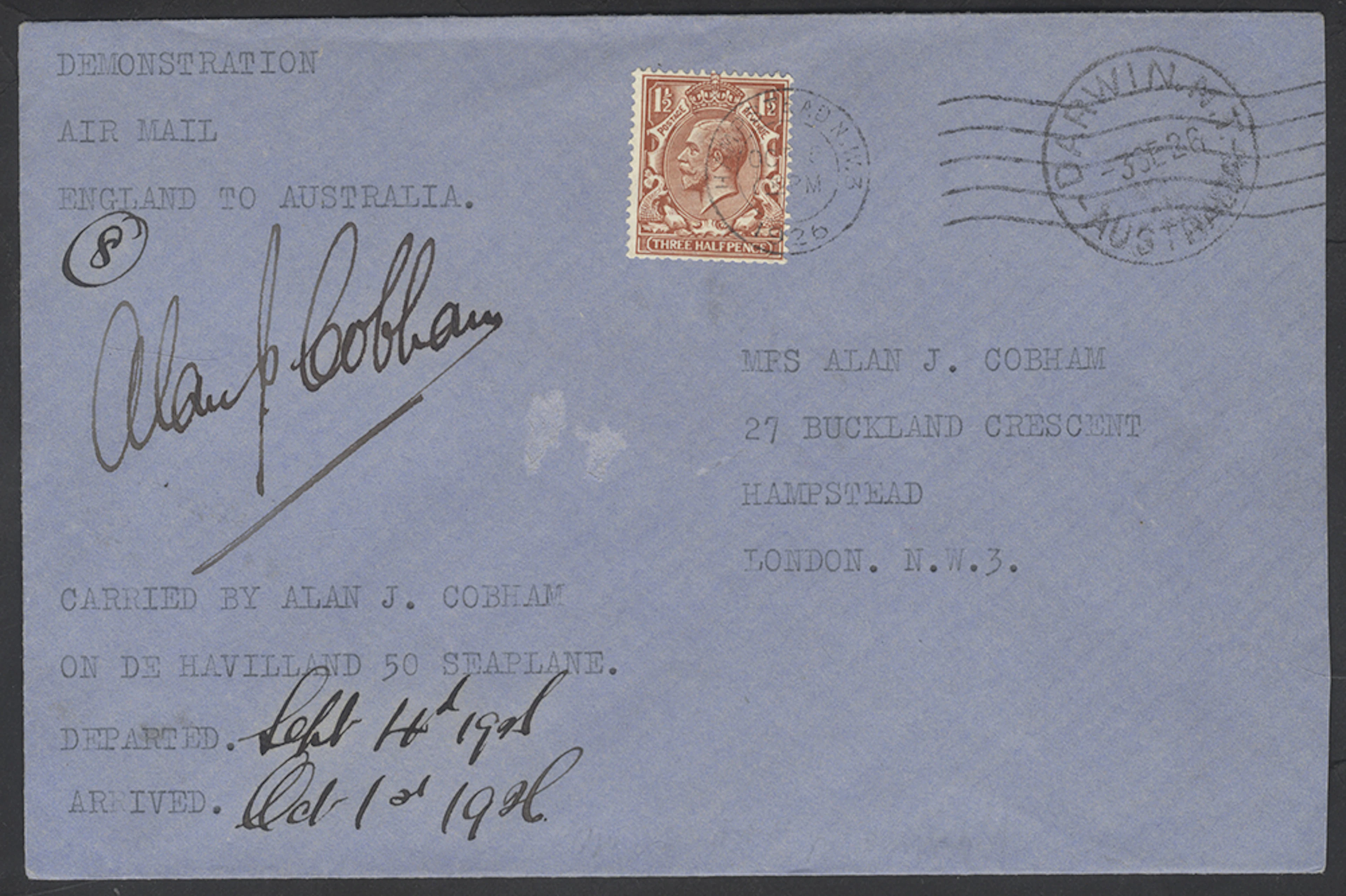 AUSTRALIA 1926 (4 Sep) Sir Alan Cobham Melbourne to...