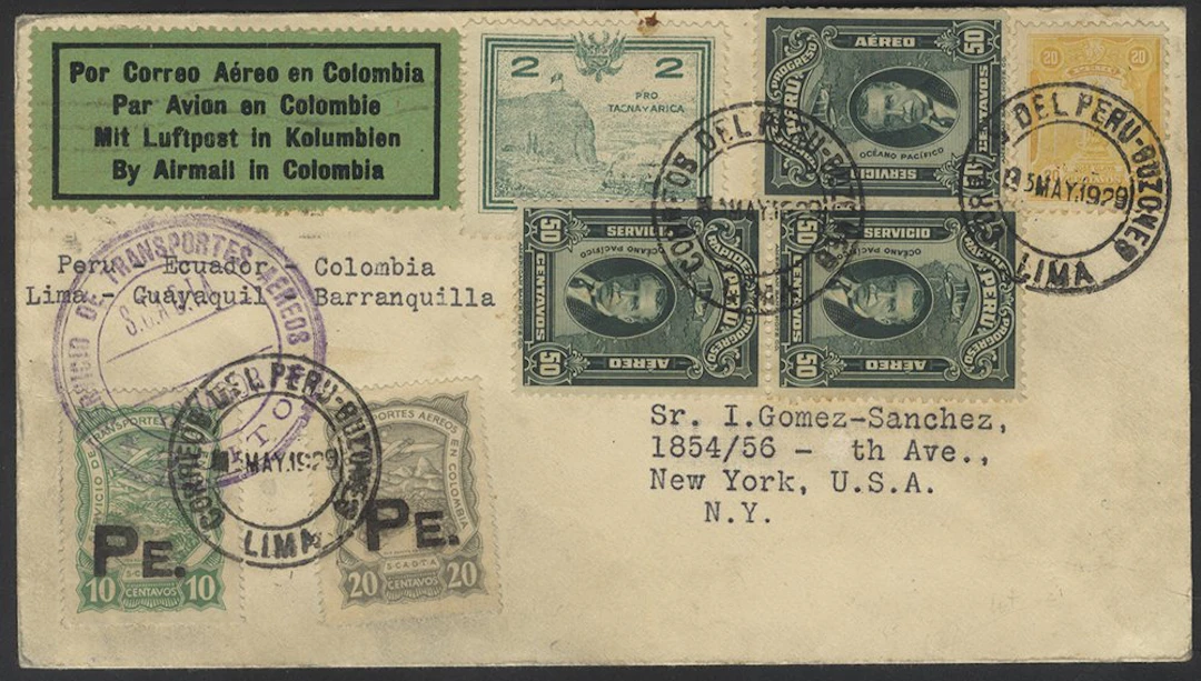 COLOMBIA SCADTA 1929 cover from Peru to New York with...