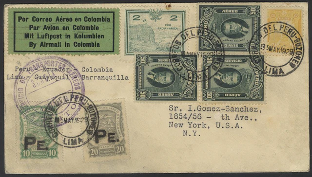 COLOMBIA SCADTA 1929 cover from Peru to New York with...