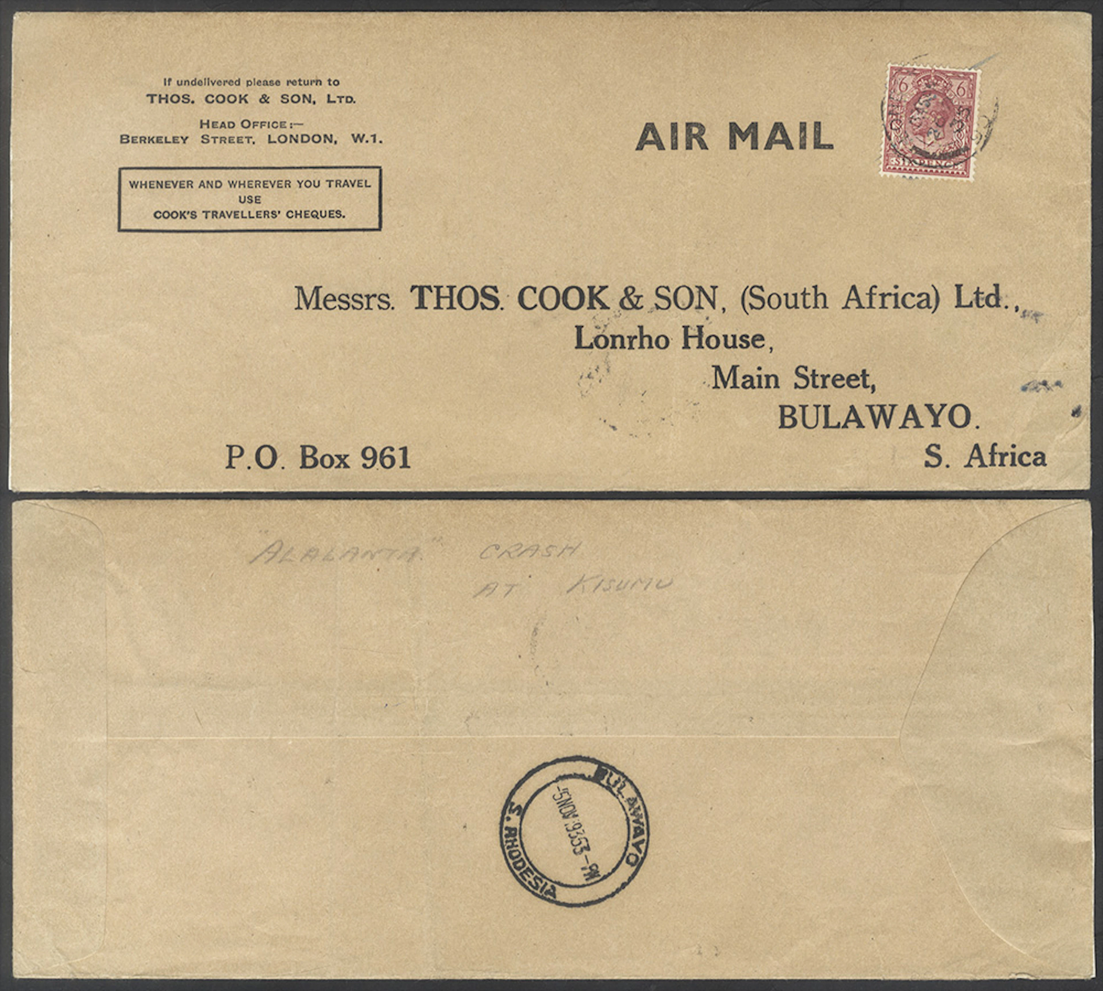 AFRICAN AIRMAILS 3rd Nov 1935 Imperial Airways Armstrong...