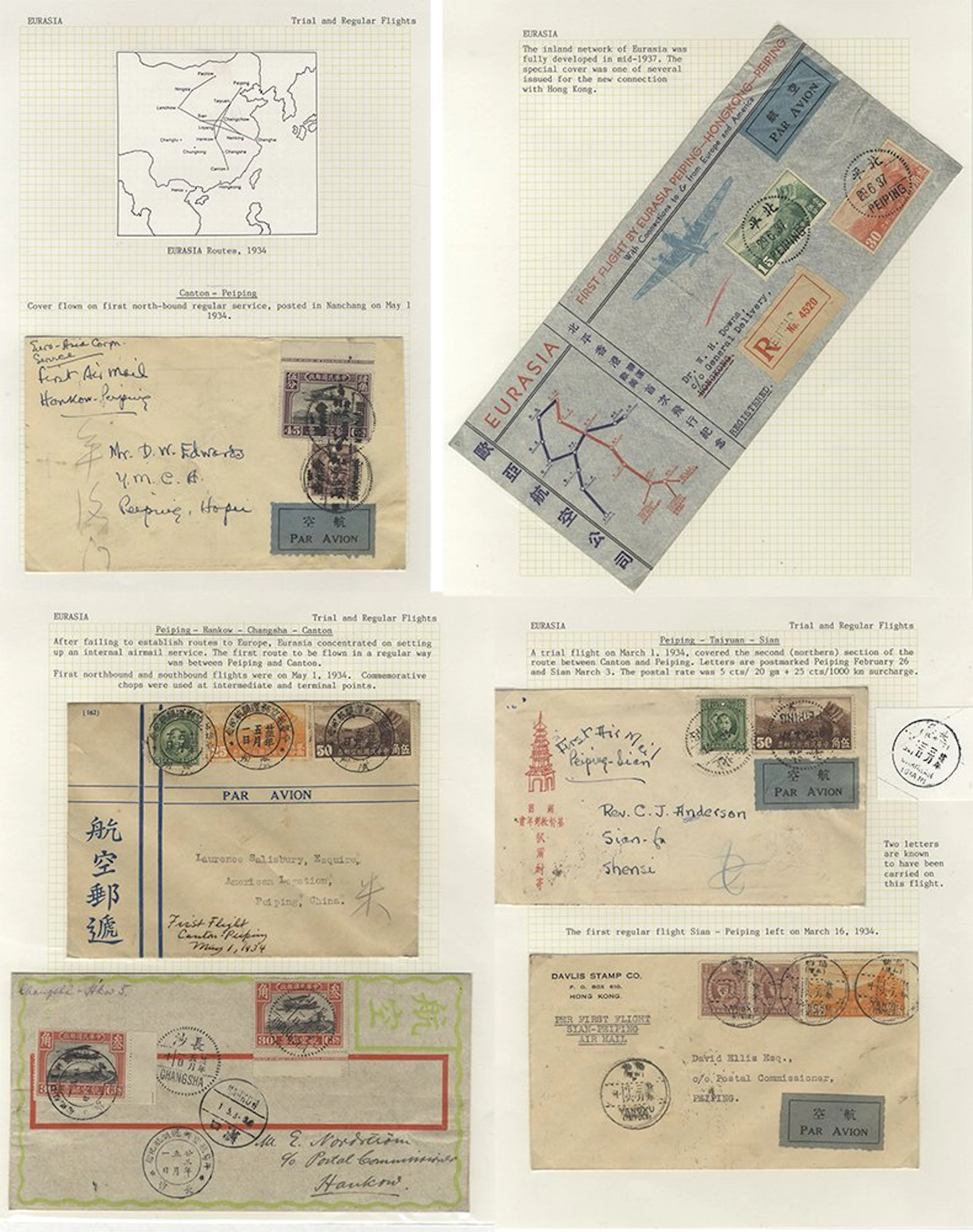 CHINA 1934-8 group of EURASIA flight covers (14) on leaves incl