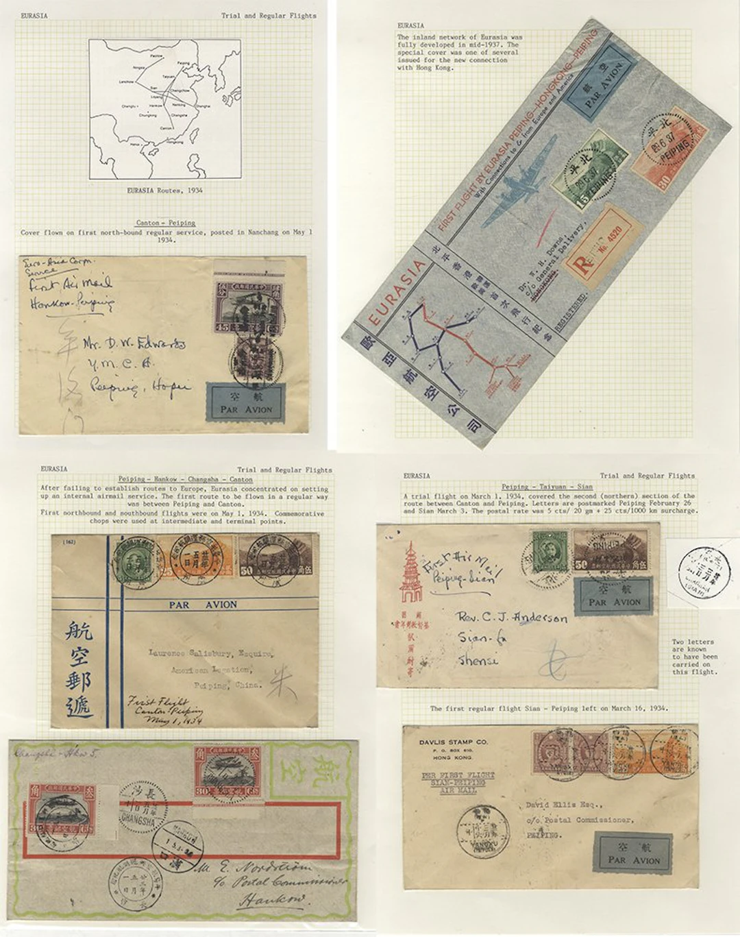 CHINA 1934-8 group of EURASIA flight covers (14) on leaves incl