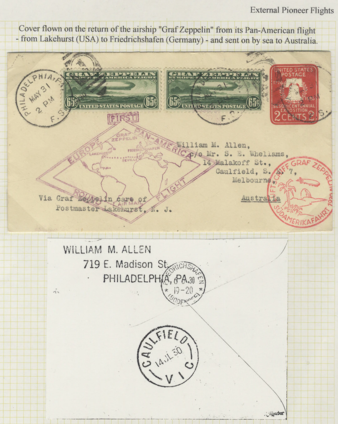 USA 1930 65c (2) Zeppelin stamps (Cat