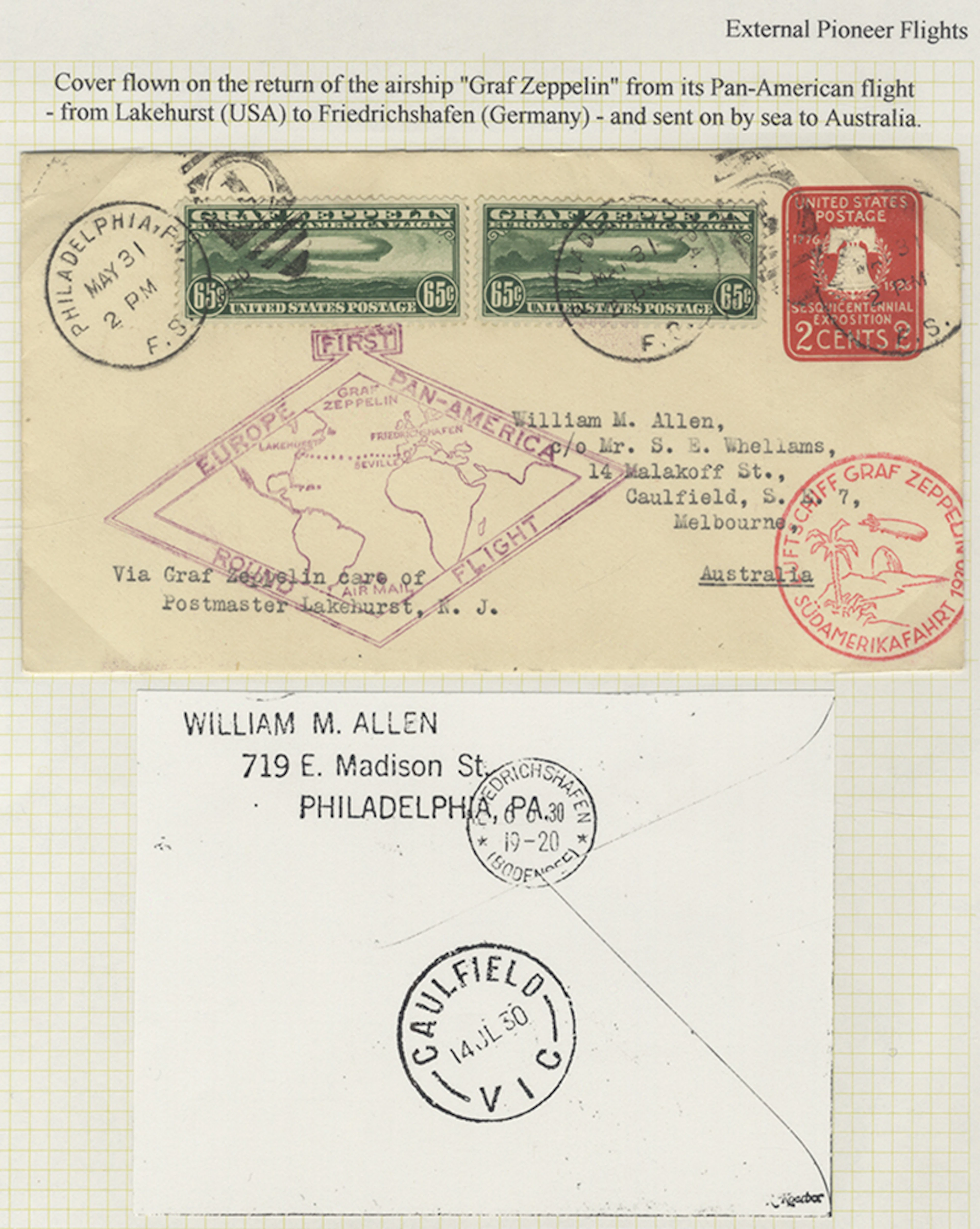 USA 1930 65c (2) Zeppelin stamps (Cat