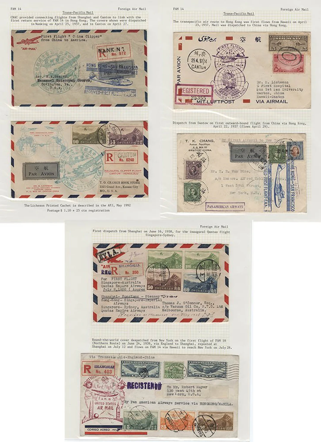 CHINA 1937-39 group of first flight covers (6) written up on pages