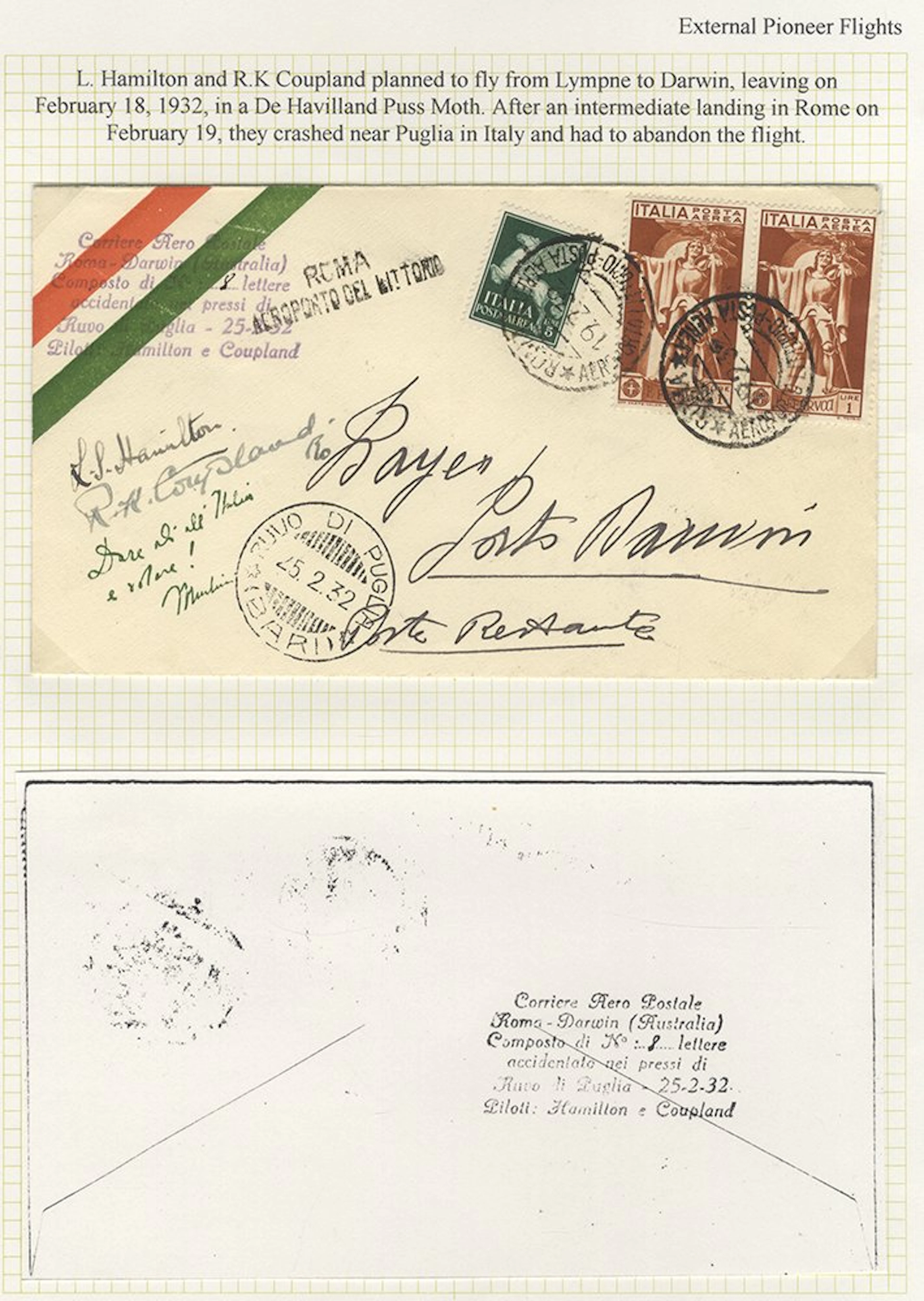 AUSTRALIA 1932 (Feb 18) Hamilton and Coupland England to Australia