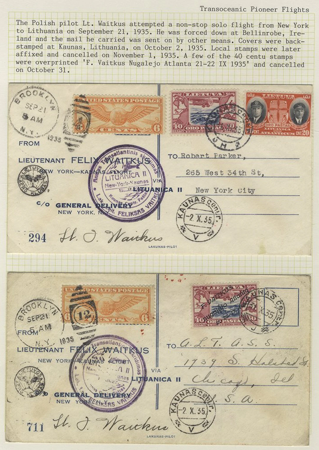 LITHUANIA 1935 New York to Lithuania pair of commem covers bearing USA 6c