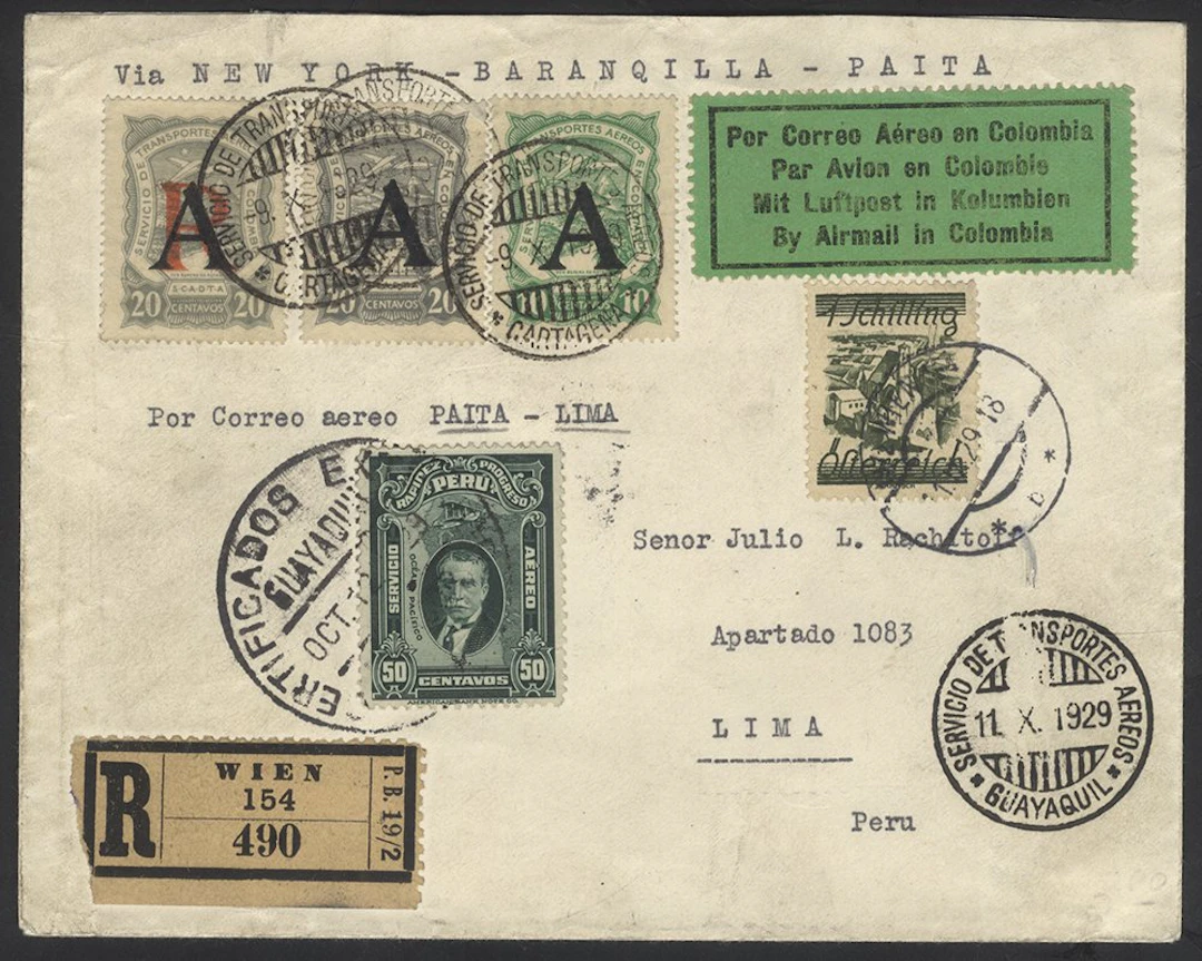COLOMBIA SCADTA 1929 registered cover from Vienna to Lima...