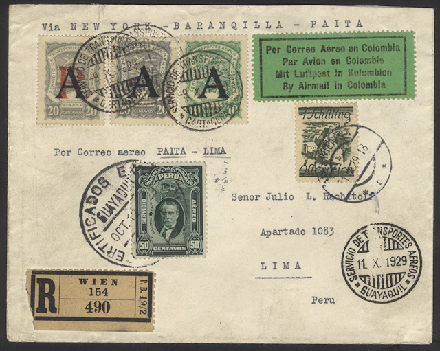 COLOMBIA SCADTA 1929 registered cover from Vienna to Lima...