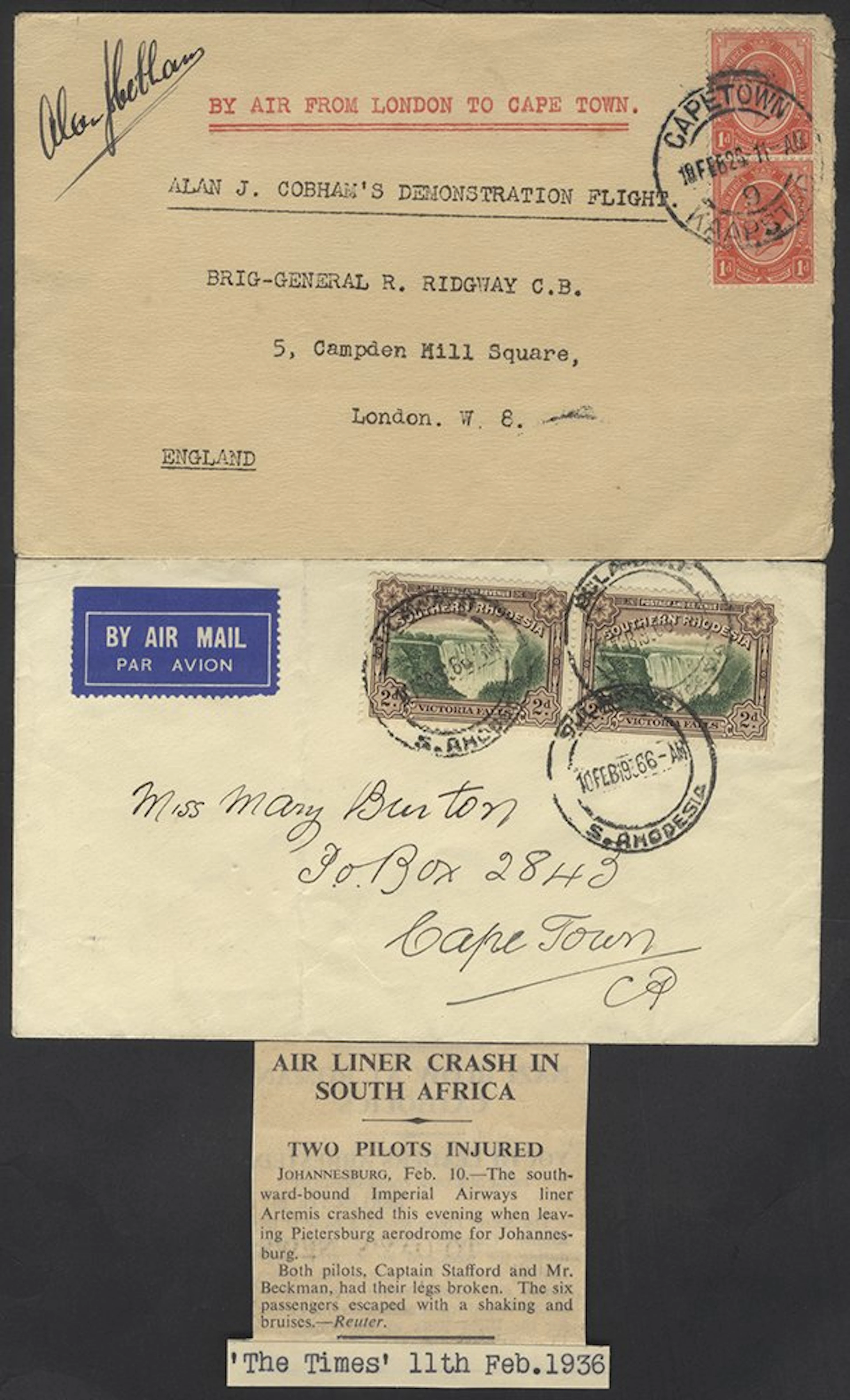 SOUTHERN AFRICA 1936 cover from Bulawayo to Cape Town...