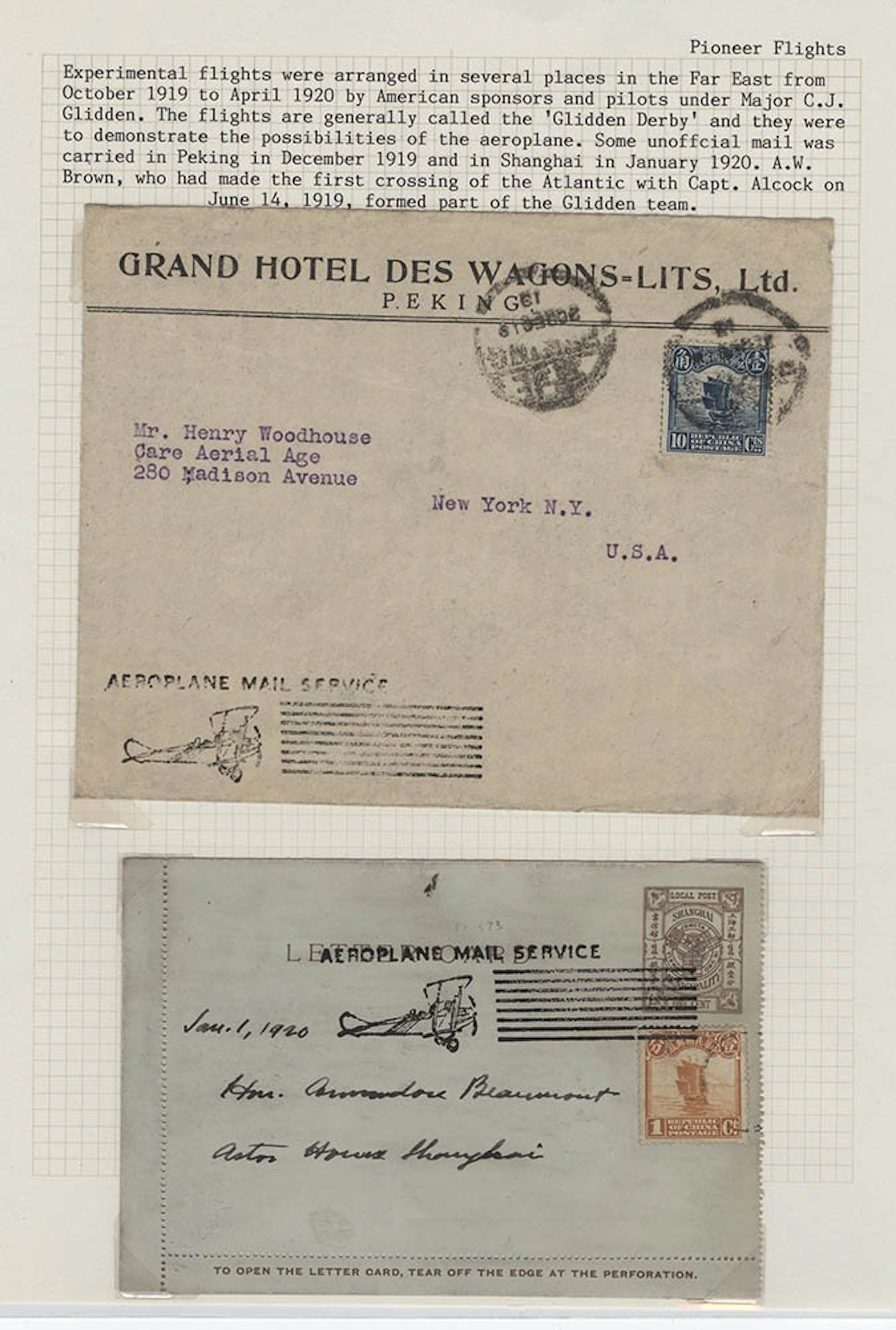 CHINA 1919 10c blue on printed 'Grand Hotel Des...