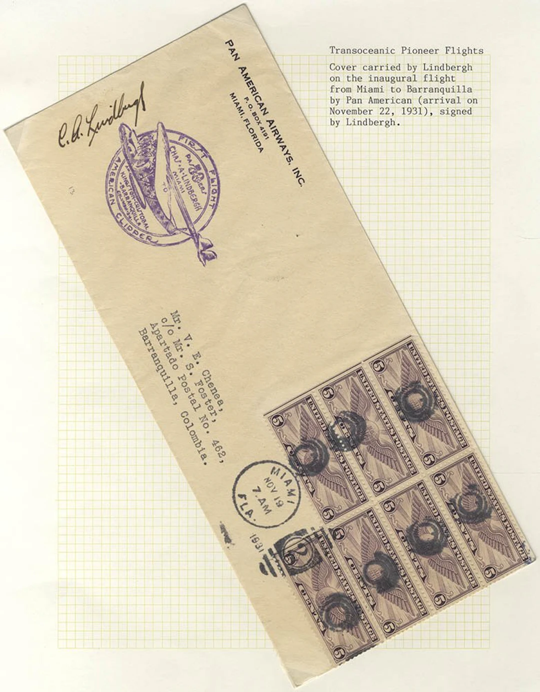 USA Charles Lindbergh signed first flight Miami to...