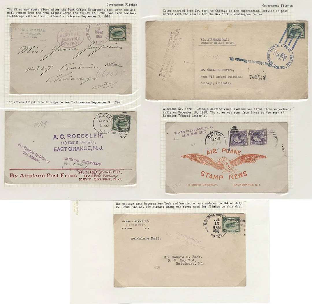 USA 1918 group of 16c 'Jenny' flight covers (4) on leaves with 'Air Service Wash