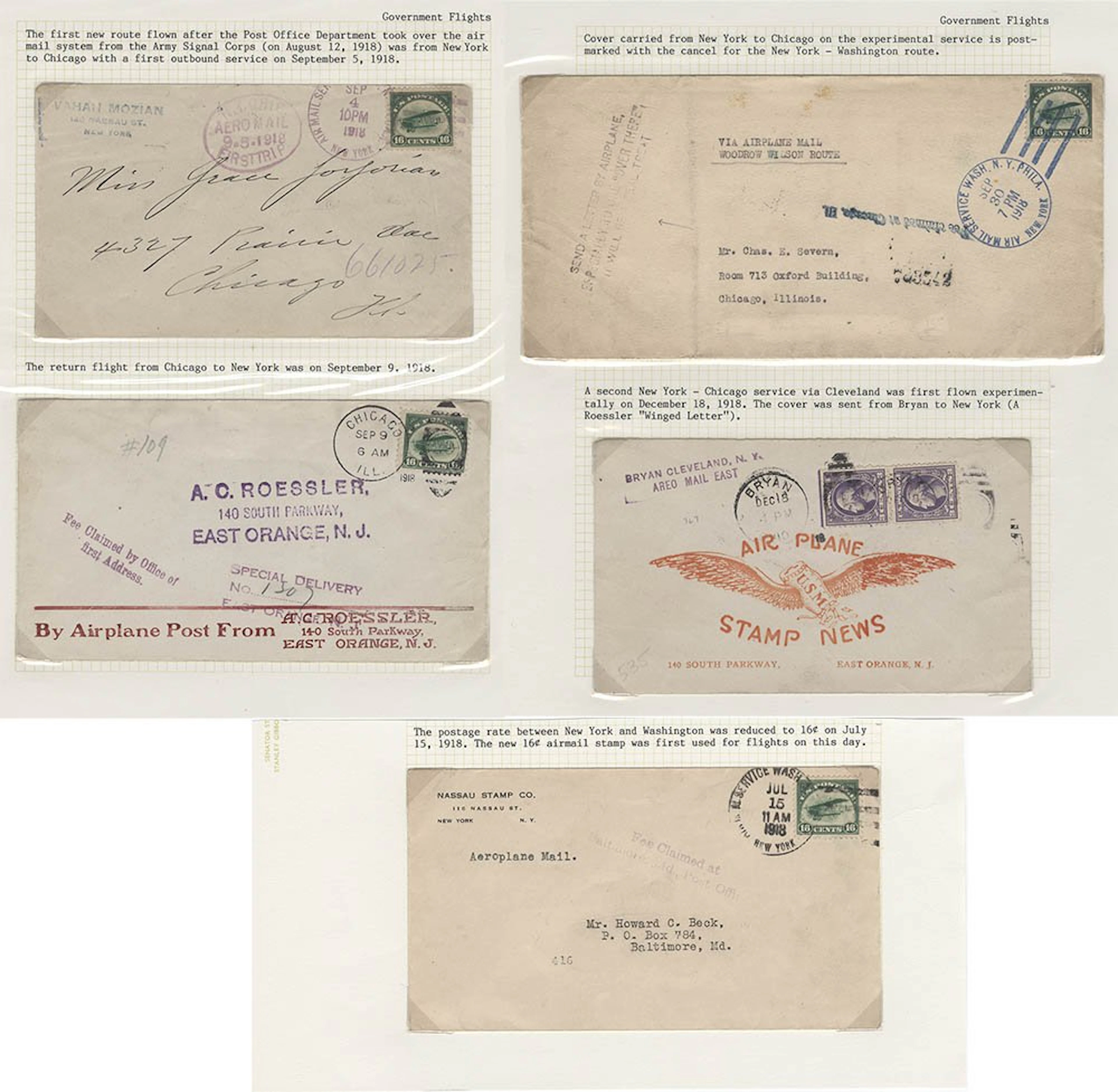 USA 1918 group of 16c 'Jenny' flight covers (4) on leaves with 'Air Service Wash