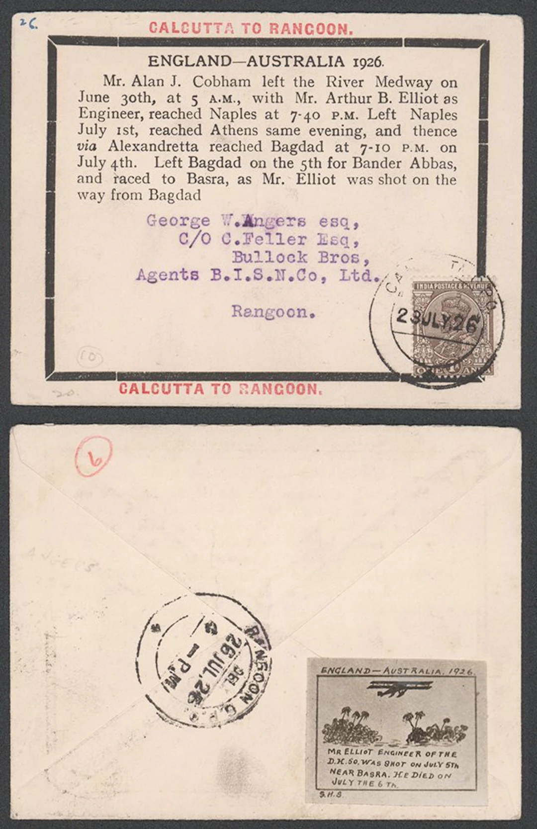 INDIA 1926 (2 July) Sir Alan Cobham small printed cover...