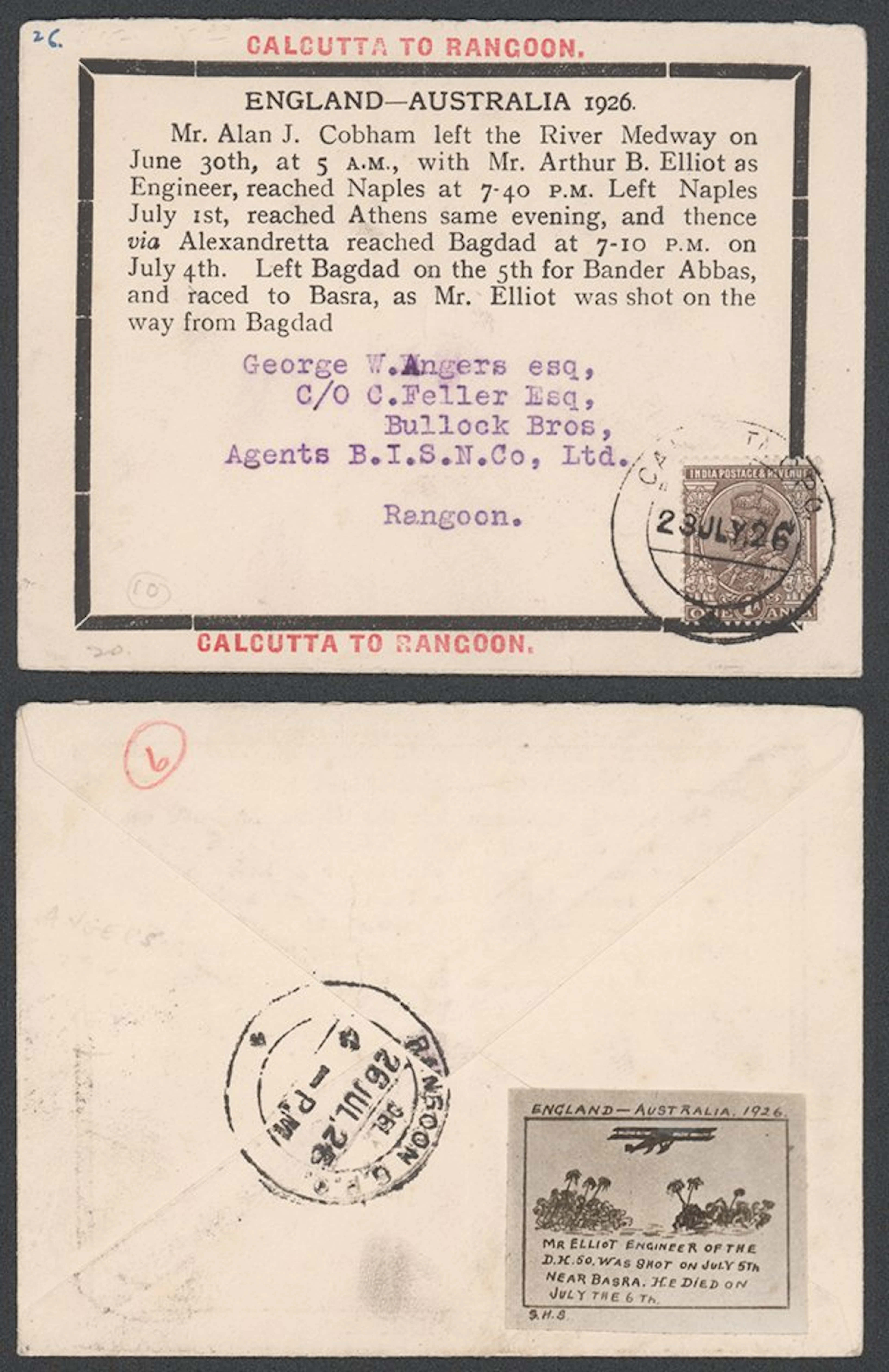 INDIA 1926 (2 July) Sir Alan Cobham small printed cover...