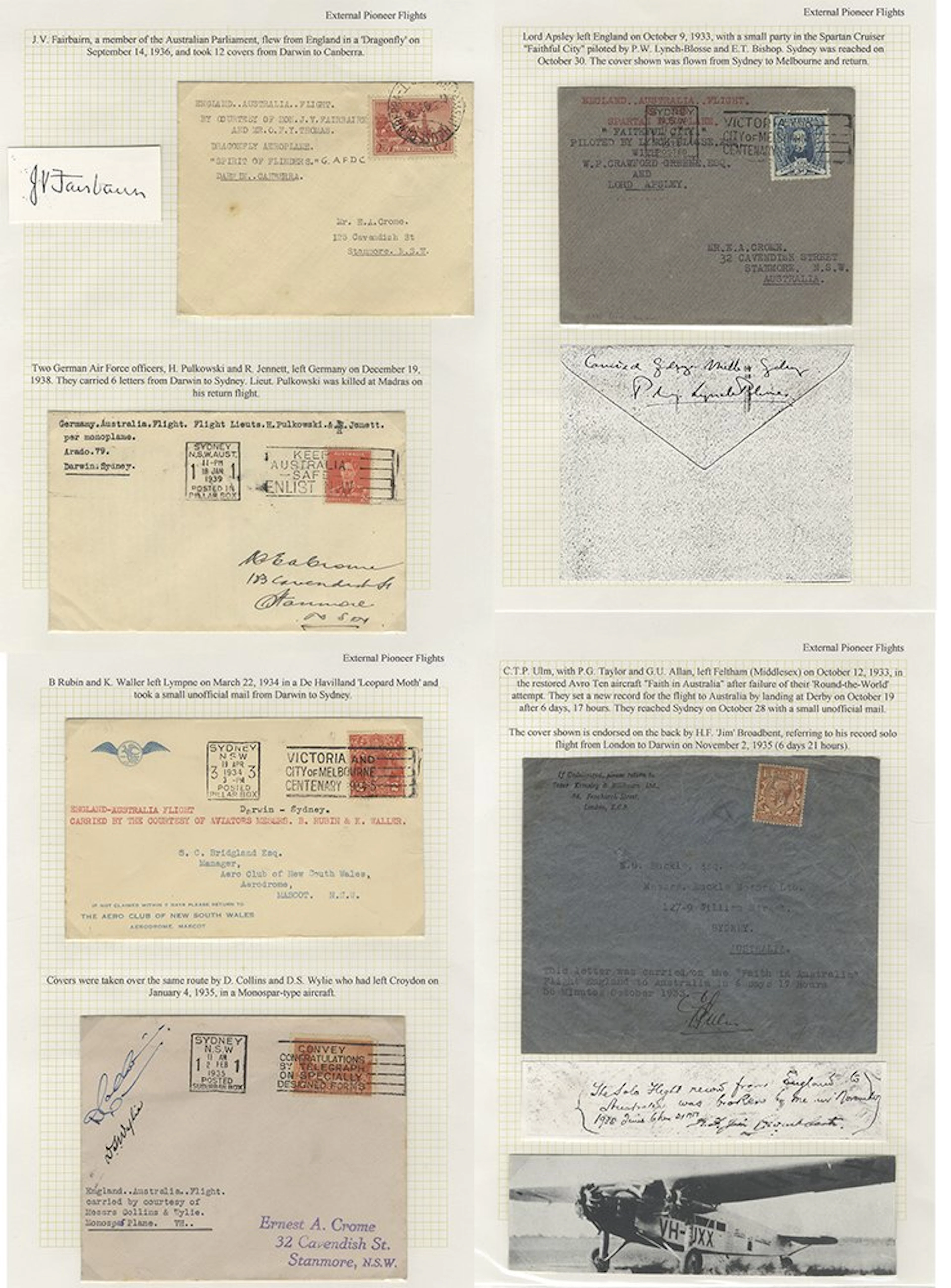AUSTRALIA 1933-39 group of flight covers (6) written up...