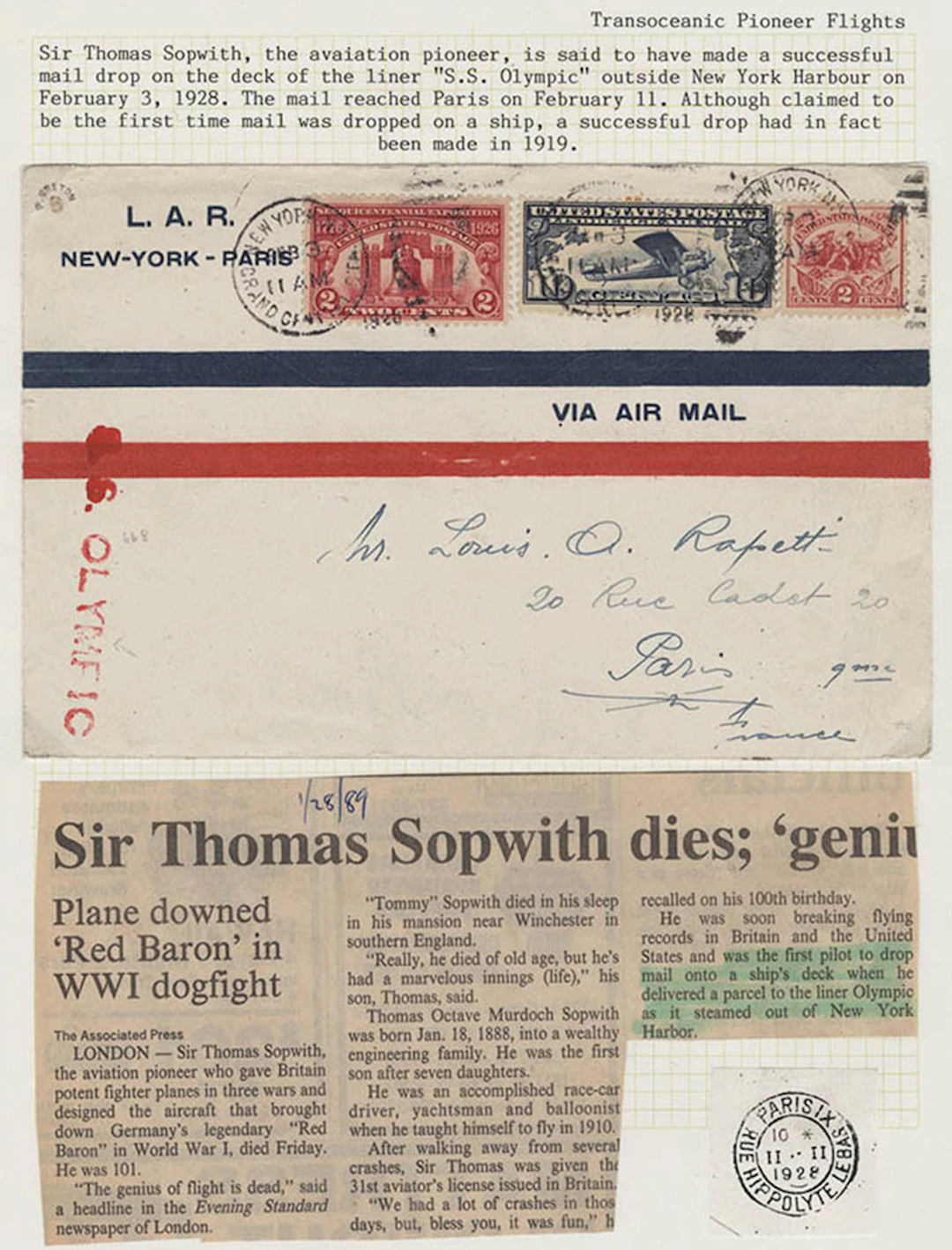 USA 1928 (Feb 3) Sopwith mail drop cover on to the deck of the S.S Olympic liner