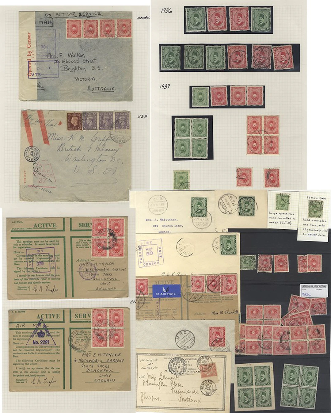 EGYPT 1936-39 British Forces range of the 3m & 10m issues on cards and leaves