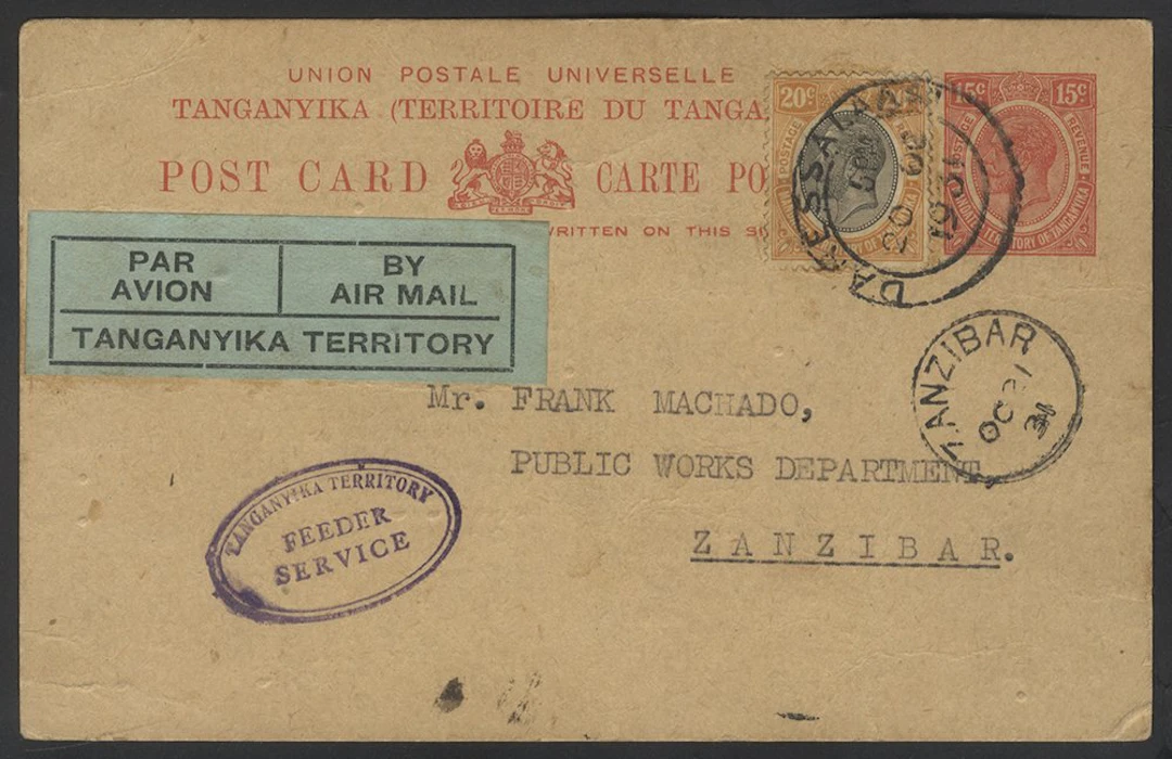 AFRICAN AIRMAILS 1931 Tanganyika 15c postcard uprated...