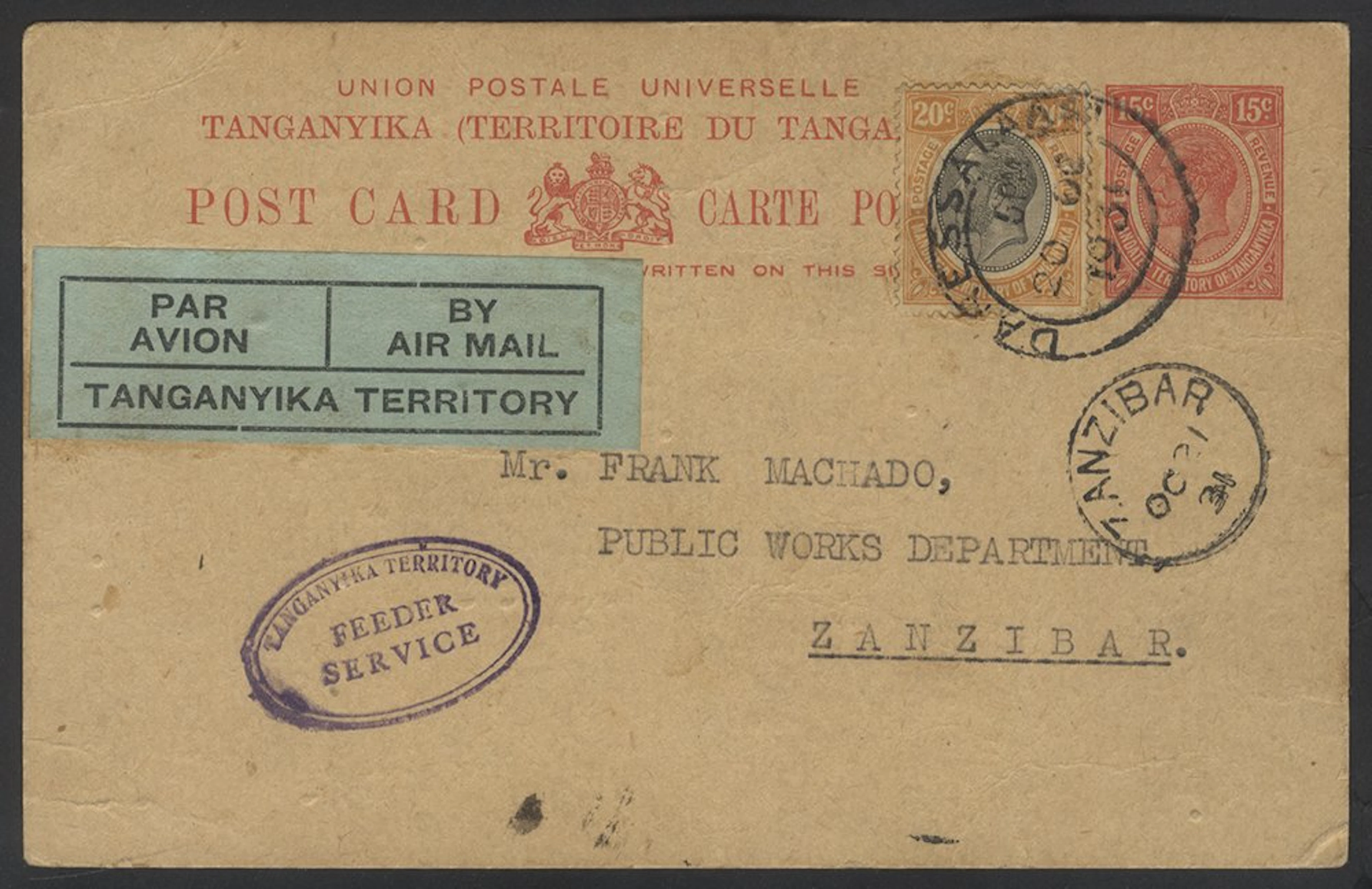 AFRICAN AIRMAILS 1931 Tanganyika 15c postcard uprated...