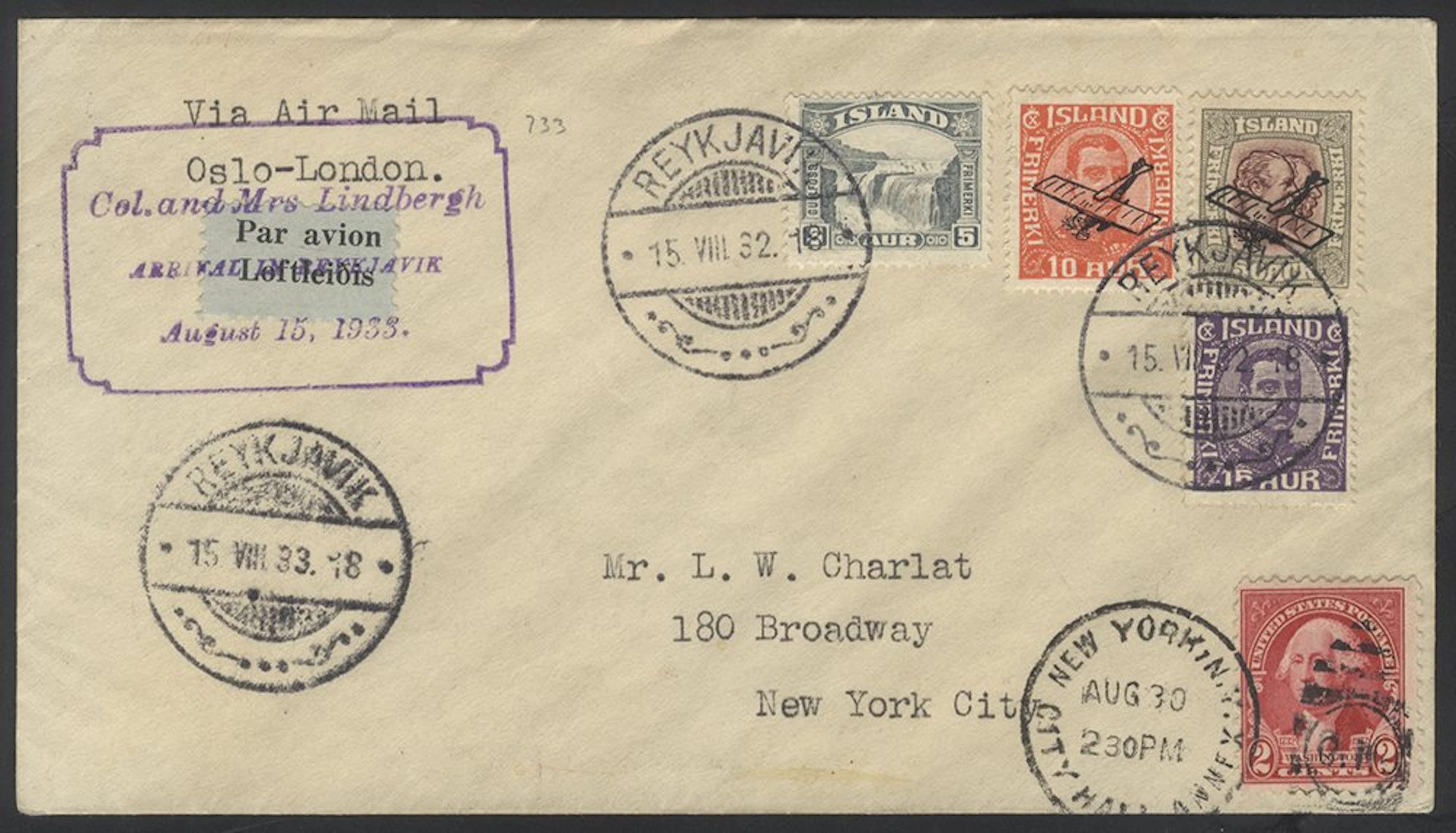 ICELAND 1932 (Aug 15) Lindbergh flight from Iceland to New York bearing 5a
