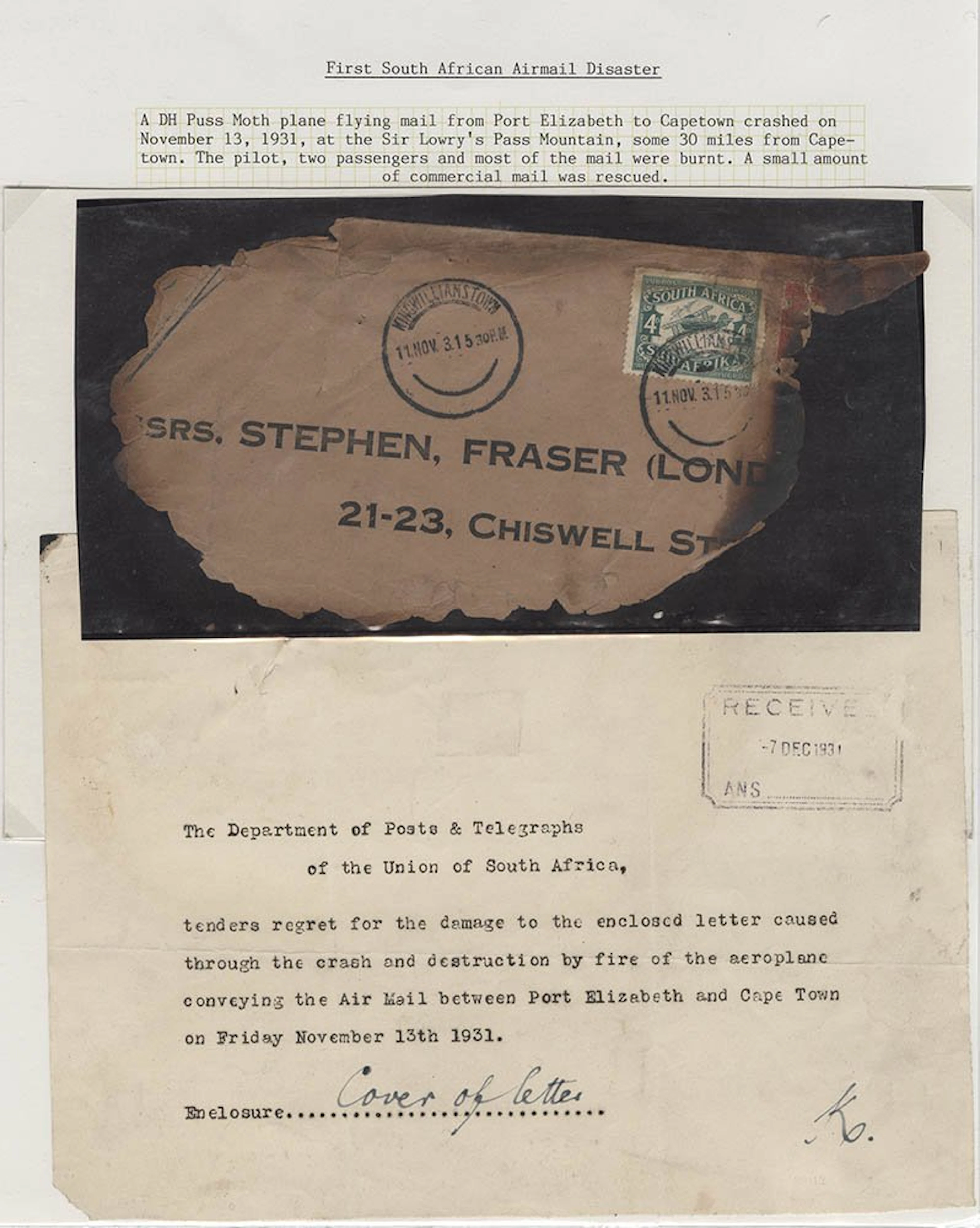 SOUTHERN AFRICA 1931 air crash at Sir Lowry's Pass