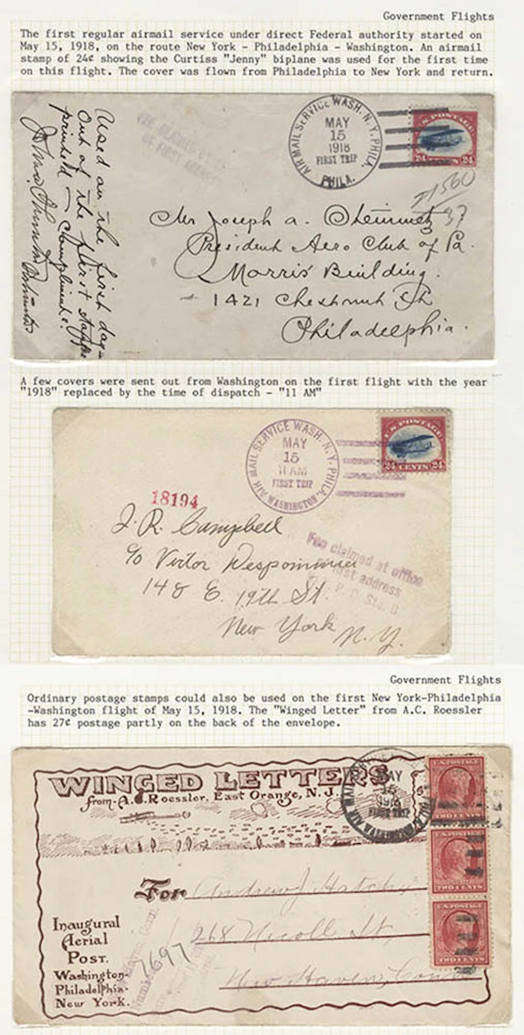 USA 1918 (May 15) First regular Federal authority airmail...