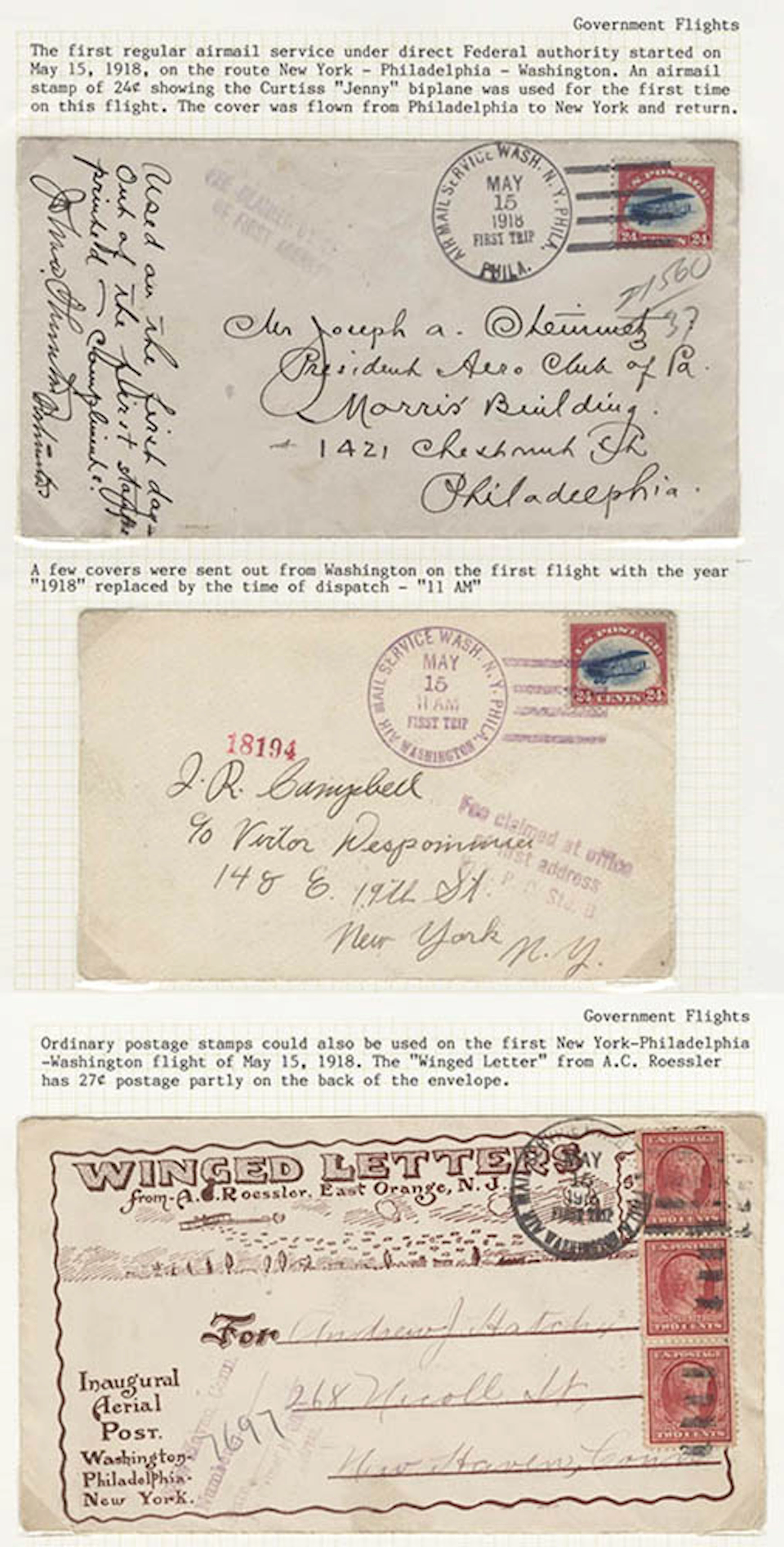USA 1918 (May 15) First regular Federal authority airmail...