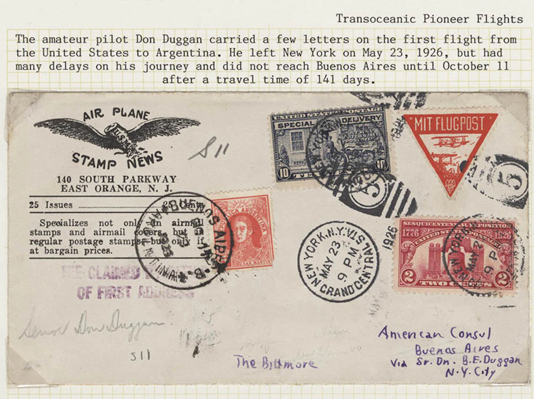 USA 1926 (May 23) first flight USA to Argentina cover flown by Don Duggan