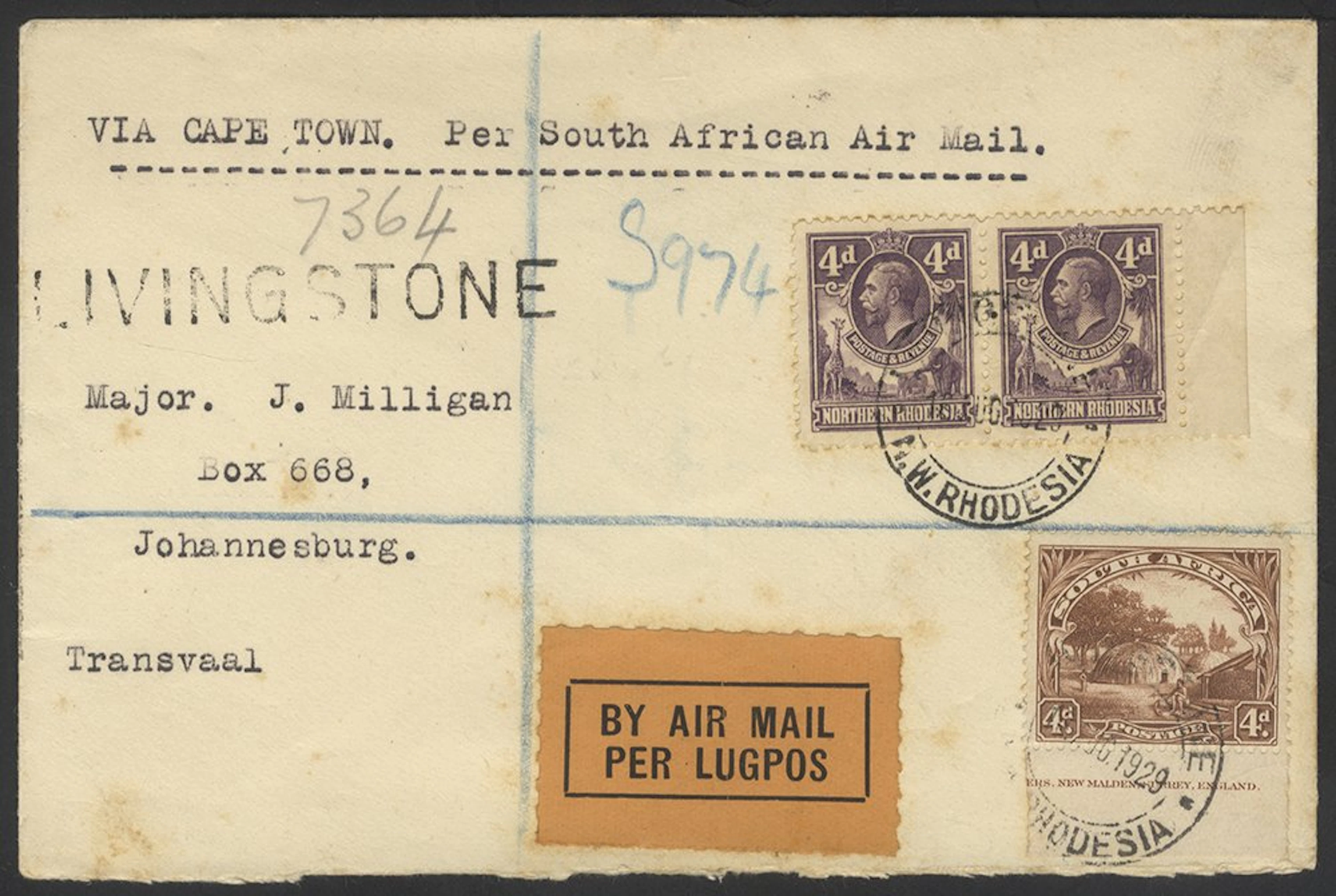 SOUTHERN AFRICA 1929 cover from Livingstone