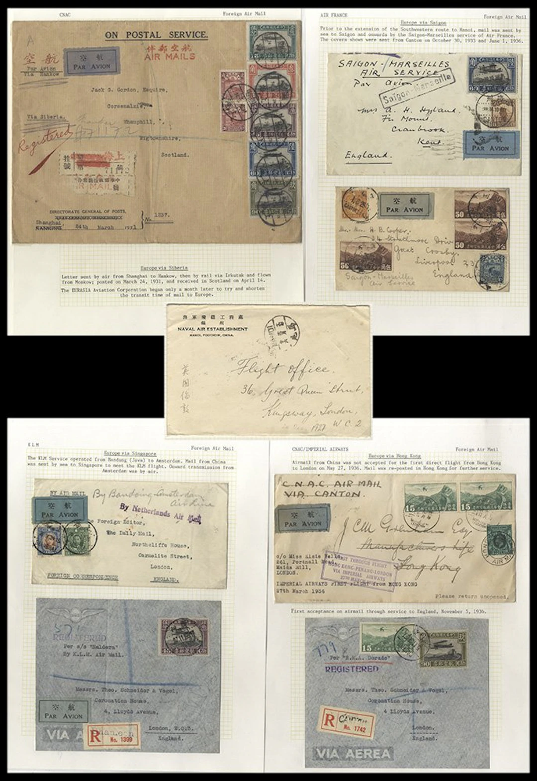 CHINA 1931-36 group of flight covers (7) to the UK incl
