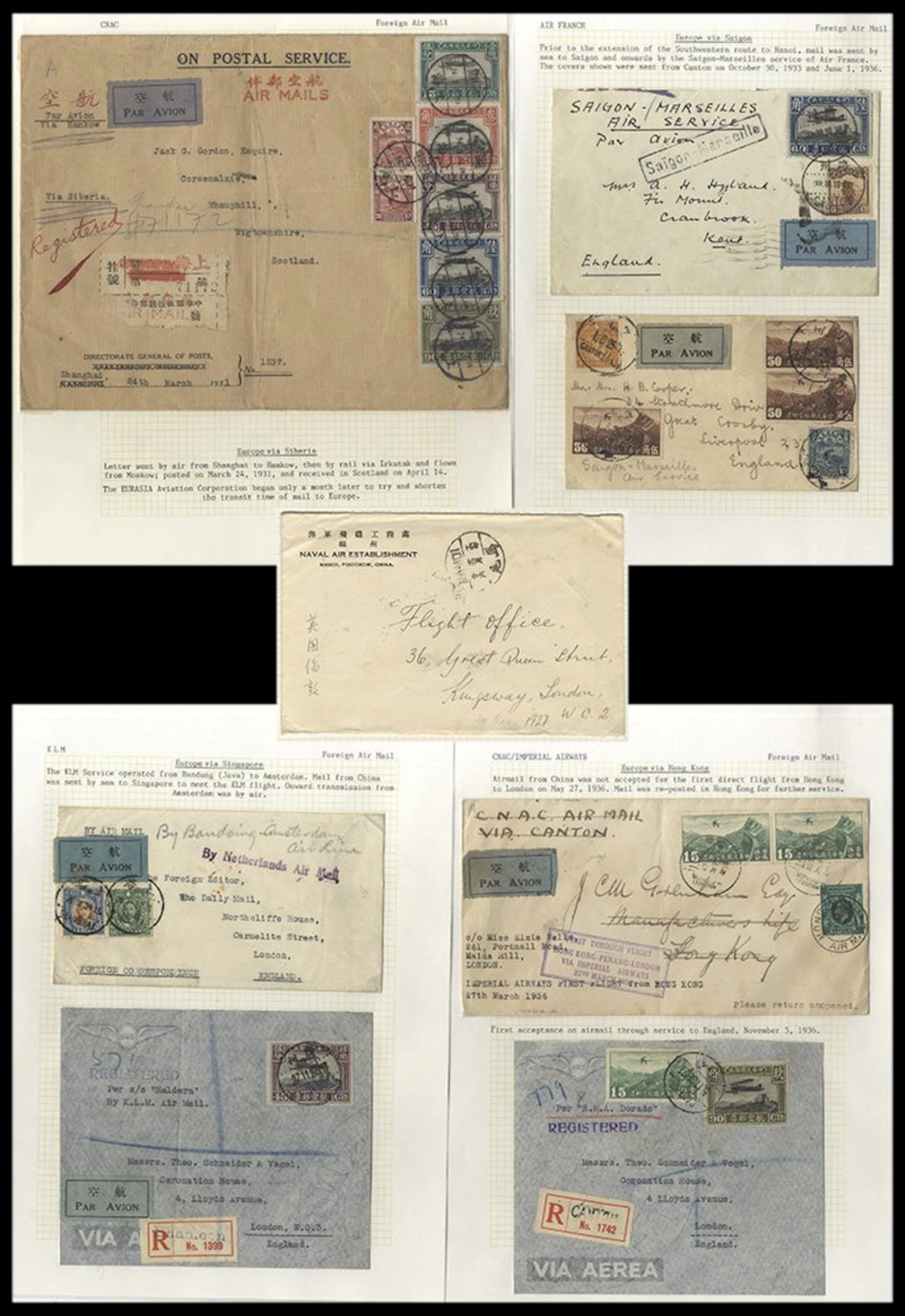 CHINA 1931-36 group of flight covers (7) to the UK incl
