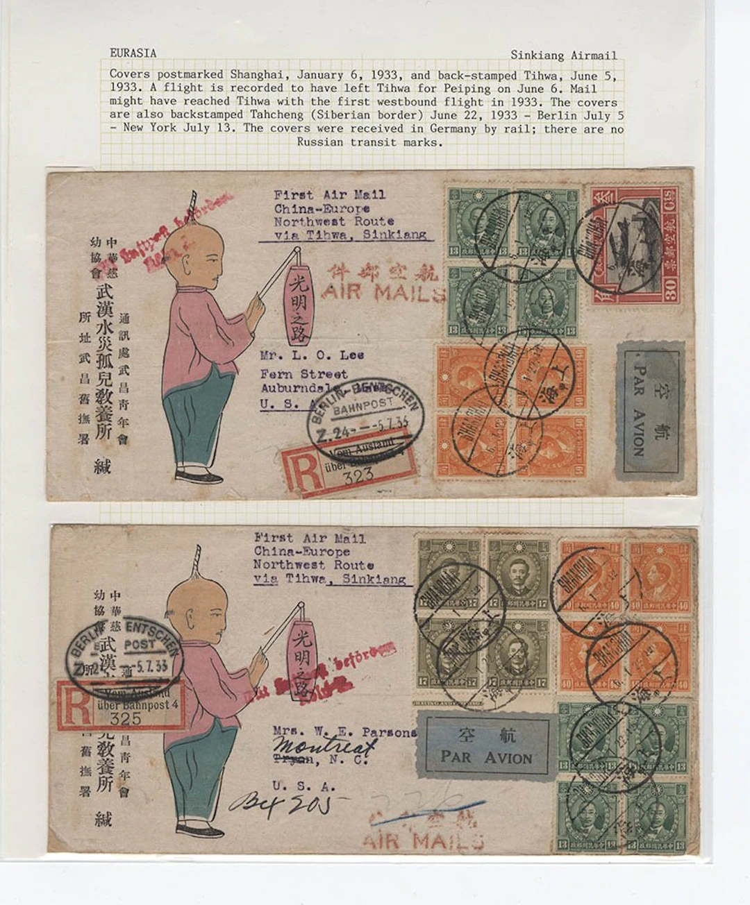 CHINA 1933 (Jan 5) China to Europe North West route to...