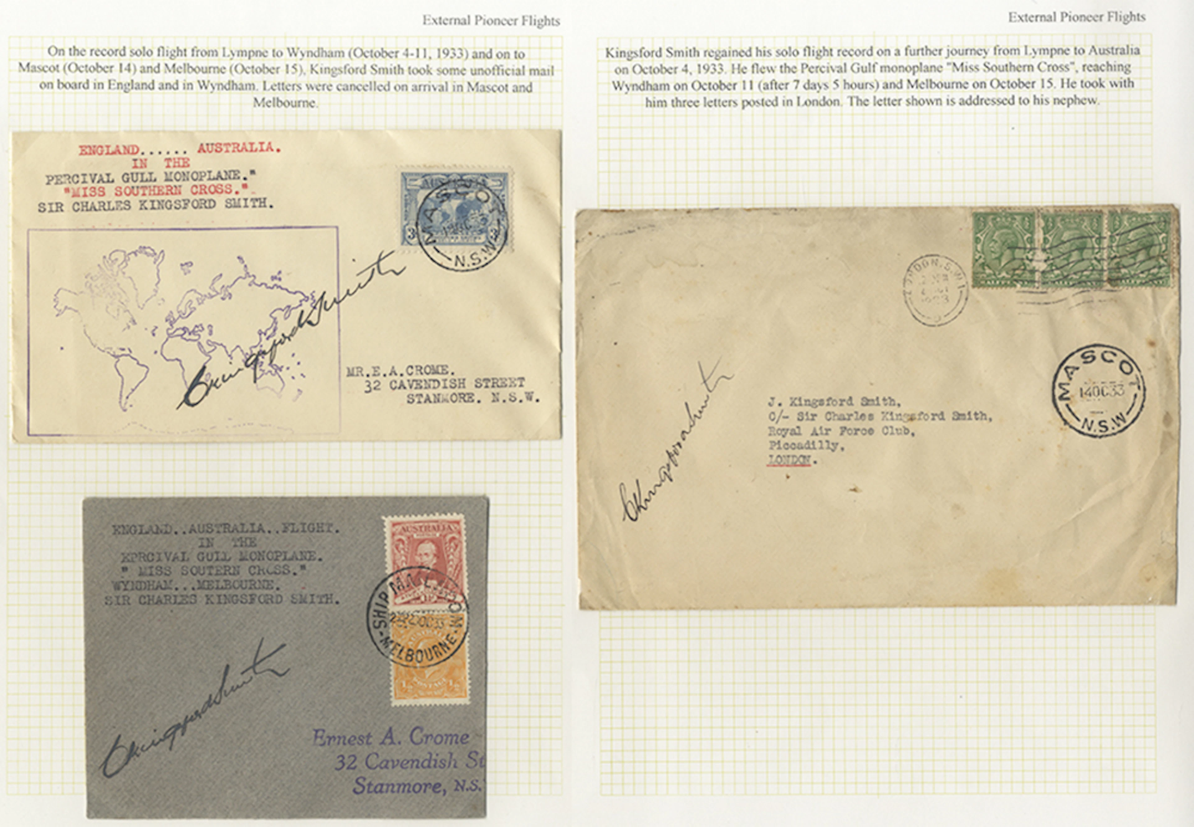 AUSTRALIA 1933 UK (Lympne) to Australia solo record...