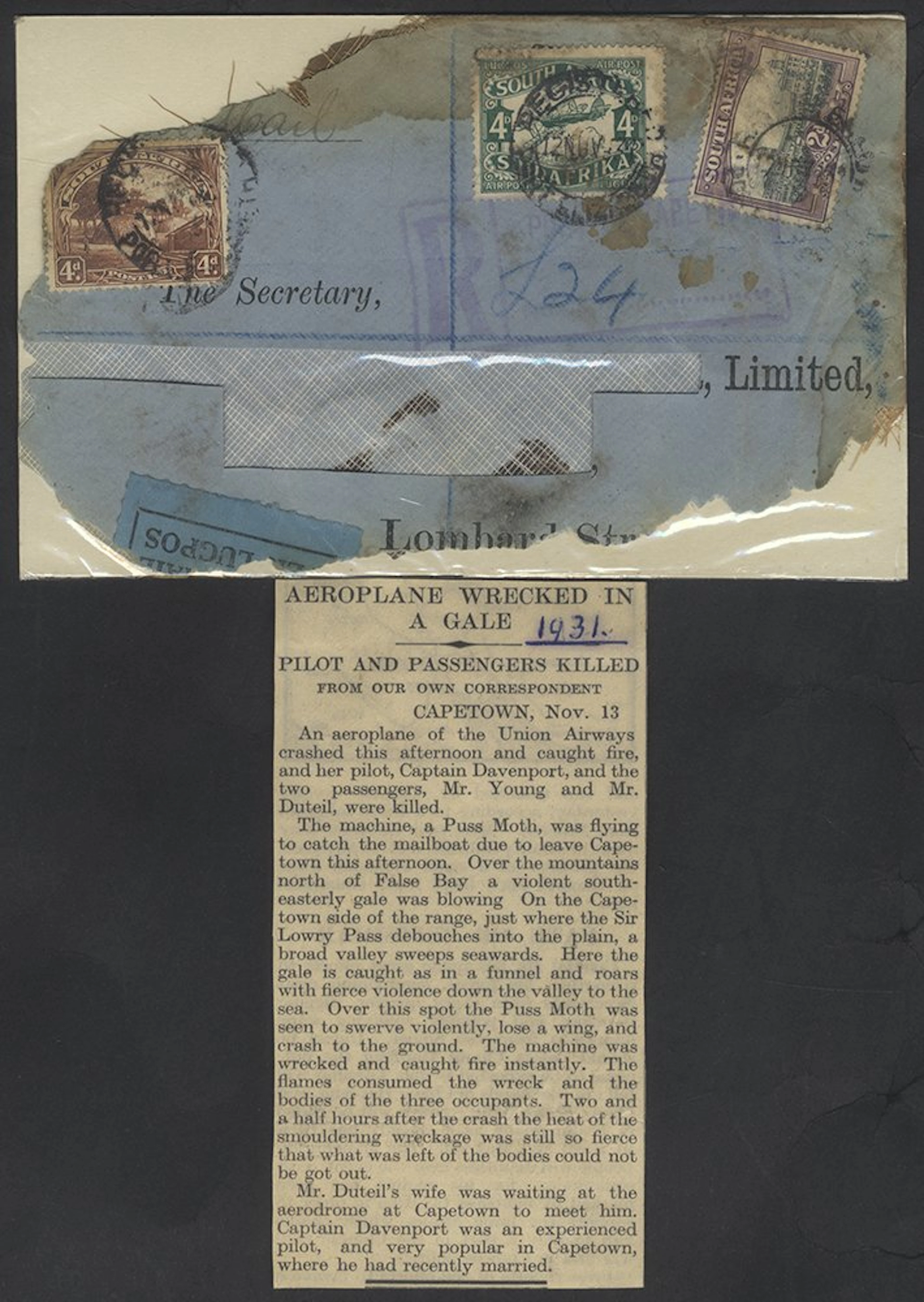 SOUTHERN AFRICA 1931 air crash at Sir Lowry's Pass