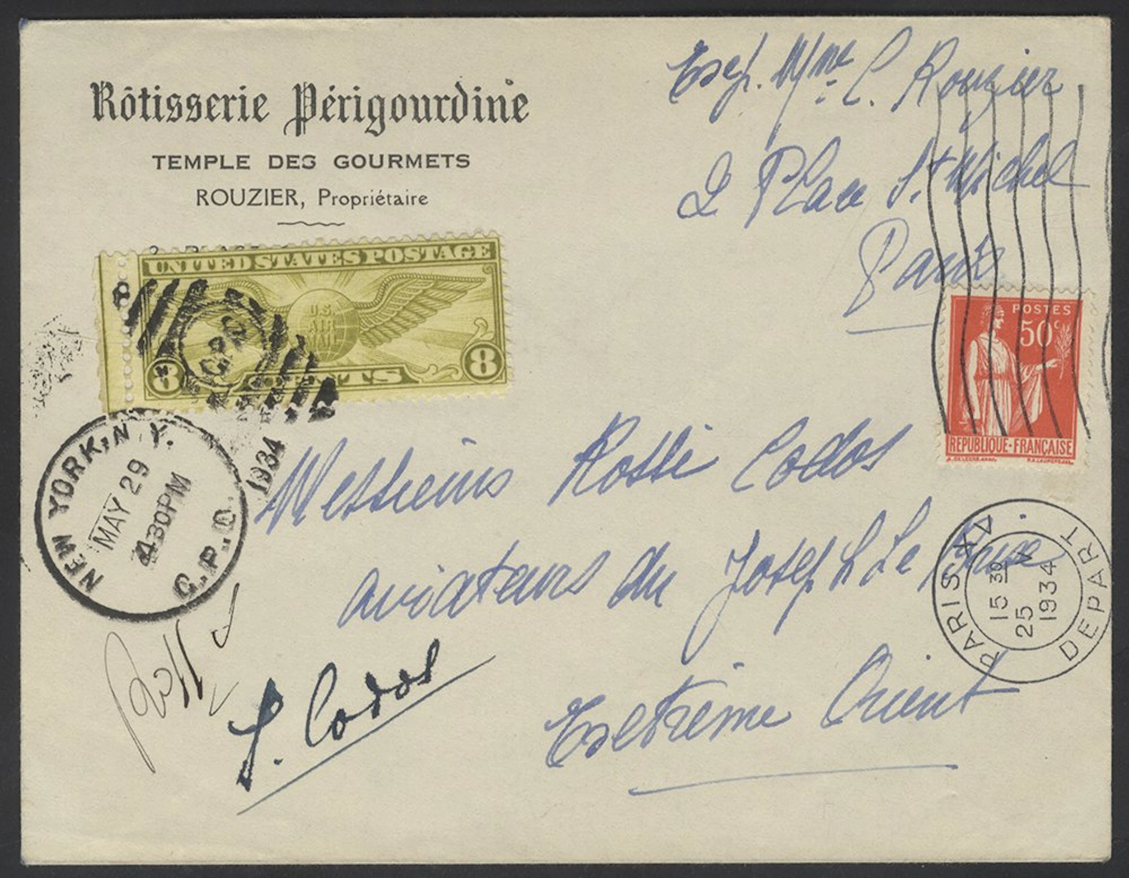 FRANCE 1934 (May 25) Paris to San Diego cover flown by...