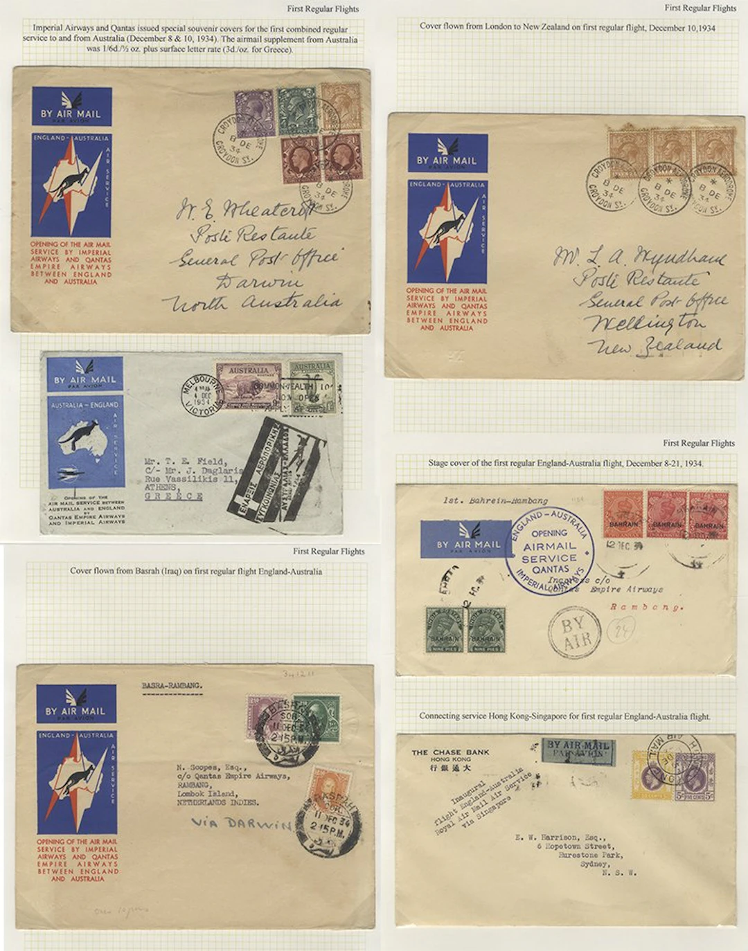 AUSTRALIA 1934 group of Imperial Airways first flight covers (9) on leaves incl