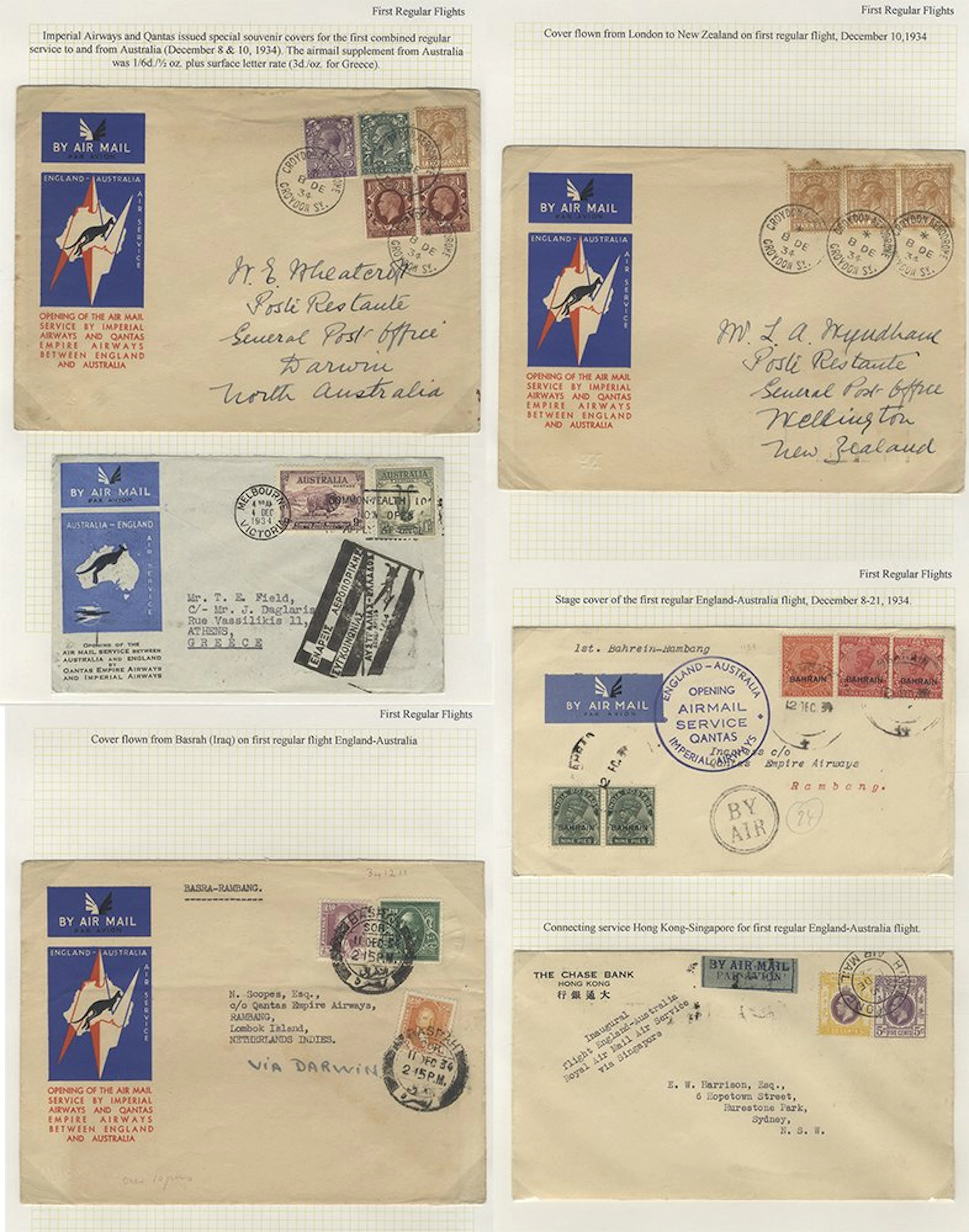 AUSTRALIA 1934 group of Imperial Airways first flight covers (9) on leaves incl
