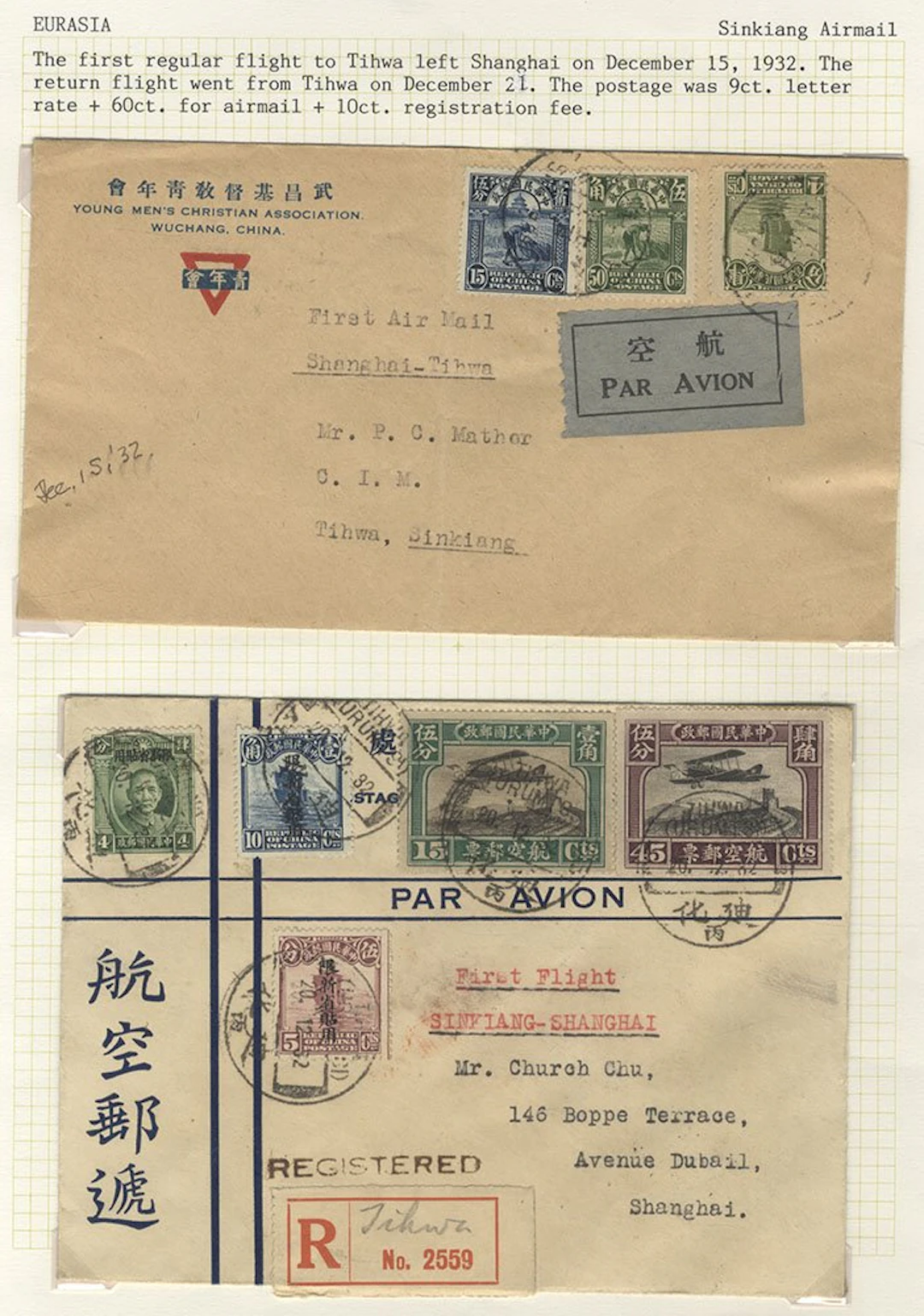 CHINA 1932 (Dec 15) first regular Shanghai to Tihwa printed YMCA