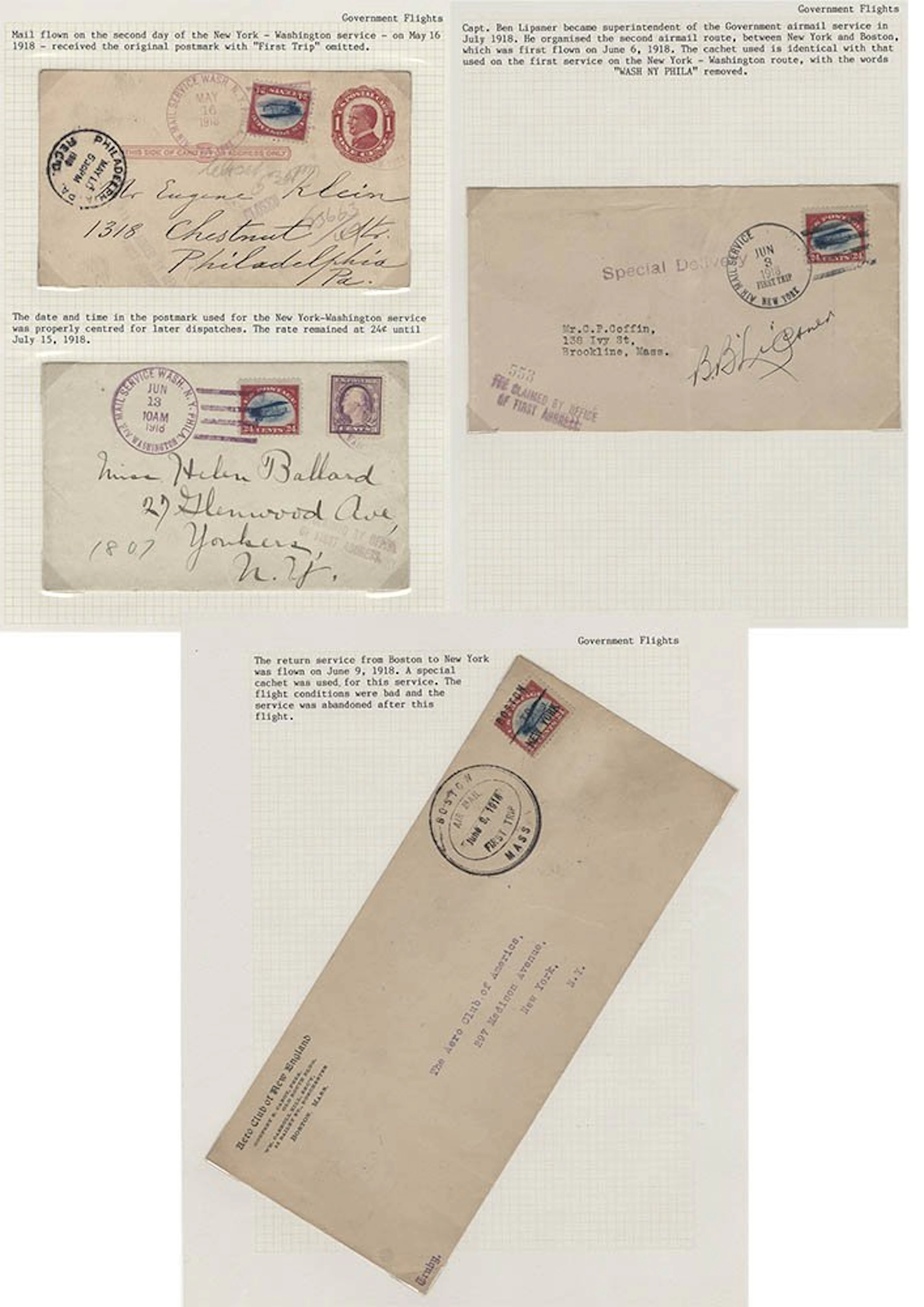 USA 1918 group of 24c 'Jenny' flight covers (4) on leaves